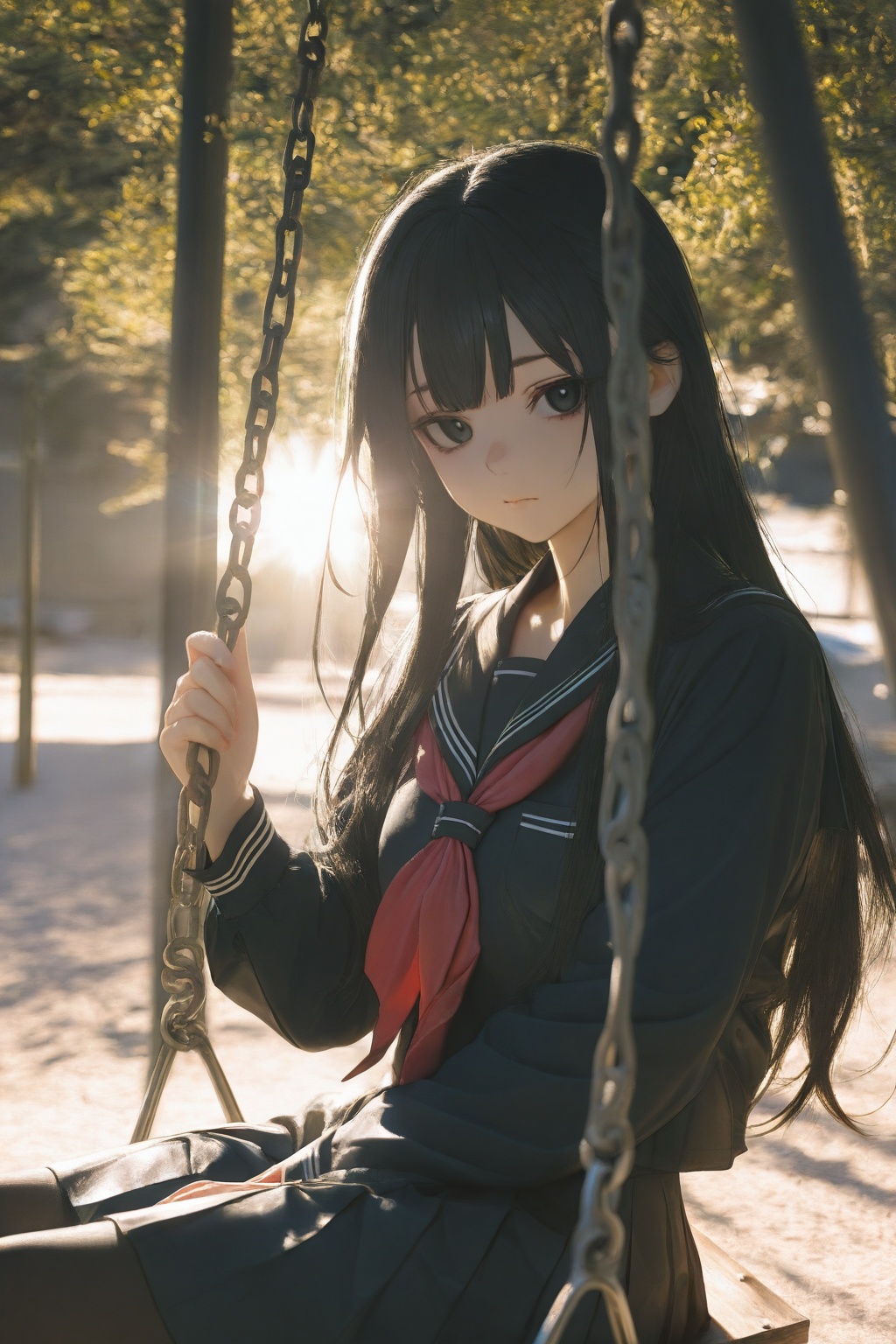 highres,absurdres,very awa,masterpiece,best quality,year 2024,newest,flat color,lineart,chiaroscuro,Natural Light,Mood Lighting,cinematic lighting,volumetric lighting,ray tracing,dramatic shadows,dappled light,photo background,\\,1girl,solo,<lora:Zombie-Style-000059:0.9>,\\, (upper body:1.6), 1girl, solo, long hair, skirt, school uniform, swing, pantyhose, black pantyhose, black hair, pleated skirt, looking at viewer, serafuku, sitting, red neckerchief, sailor collar, neckerchief, long sleeves, outdoors, bag, closed mouth, black eyes, shirt, black shirt, black skirt, black serafuku, feet out of frame