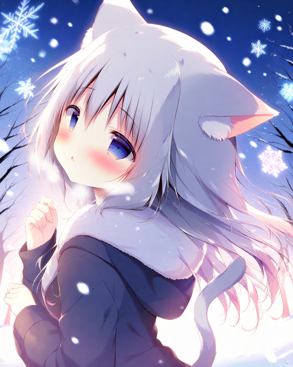(Best-A:1.1),shiratama \(shiratamaco\),1girl, animal ears, tail, blue eyes, solo, cat tail, cat ears, cat girl, white hair, hood, long hair, animal ear fluff, hood down, outdoors, snow, blush, parted lips, upper body, tree, snowing, winter, snowflakes, fur trim, breath, looking up, hooded jacket, from side