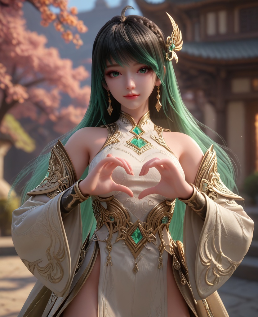 (oriental architecture, elegant decor, sophisticated style:1.1),(heart hands:1.1),(breasts:1.2),<lora:XL16克金玩家林紫玥新手村:0.95>,miss linziyue,white corset top with coattails,black miniskirt,green eyes,aqua ombre hair,very long hair,hair ornament,jewelry,earrings,detached sleeves,, score_9,score_8_up,score_7_up,score_6_up,score_5_up,score_4_up,3d rendering,tag1,tag2, Cinematic Lighting,backlighting,, zPDXL3, zPDXL2,zPDXL, zPDXLxxx, zPDXLrl,