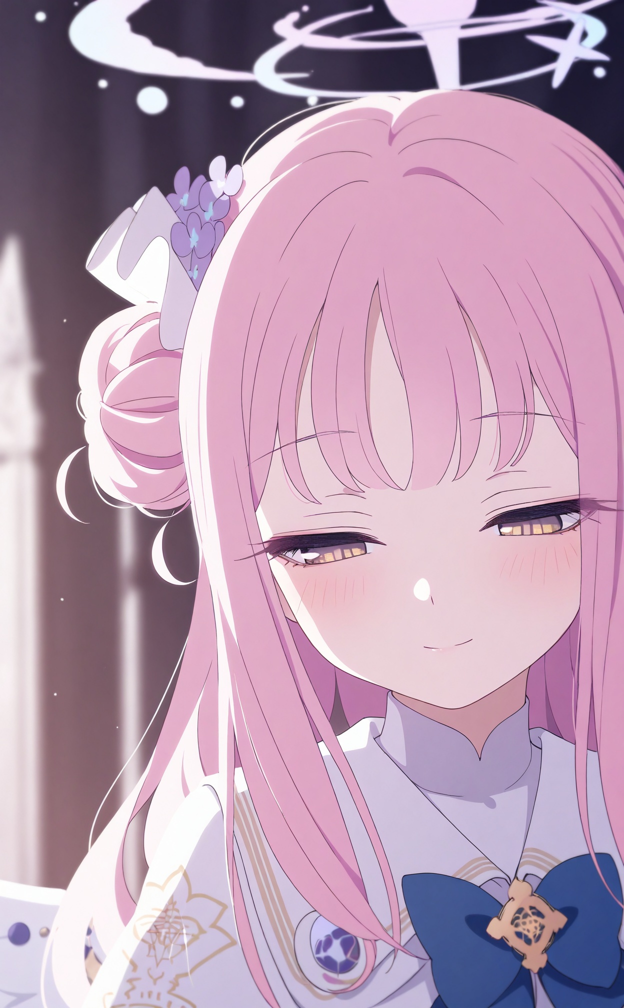 masterpiece,best quality,high quality,loli,1girl,mika (blue archive),solo,pink hair,single side bun,hair bun,long hair,yellow eyes,smile,hair ornament,wings,hair flower,flower,white capelet,white wings,portrait,closed mouth,capelet,purple flower,white dress,dress,half-closed eyes,angel wings,blush,blurry,looking down,feathered wings,<lora:BA3——【Illustrious】hans:0.88>,