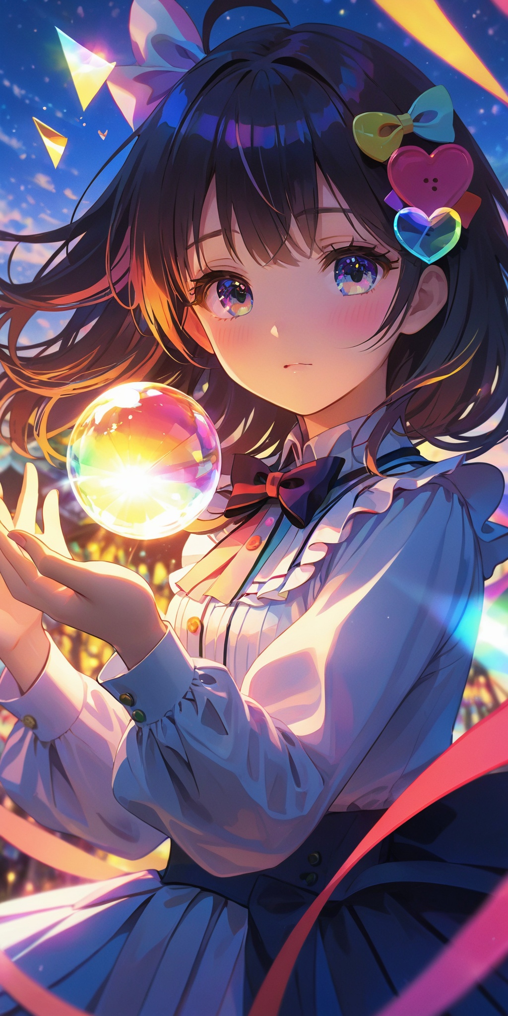 illustration,floating hair,1 girl,(((holding a love in his hand:1.4))),chromatic aberration,caustic,lens flare,dynamic angle,portrait:0.8,solo,cute face,hidden hands,asymmetrical bangs,beautiful detailed eyes,eye shadow,glass strips,floating glass fragments,colorful refraction,beautiful detailed sky,dark intense shadows,cinematic lighting,overexposure,(expressionless),blank stare,big top sleeves,frills,hair_ornament,ribbons,bowties,buttons,small breast,pleated skirt,sharp focus,extremely detailed,colorful,hdr,