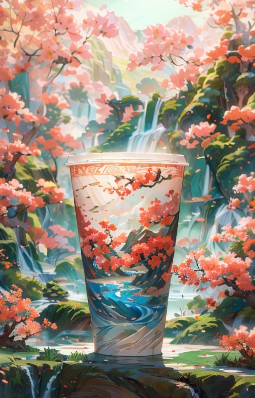(Masterpiece, high quality, best quality, official art, beauty and aesthetics: 1.2), milk tea cup, surrounded by red rocks, splashing spray, (Chinese landscape paper carving, Chinese Song Dynasty landscape painting: 1.2), (surrealist dream style), cream organic fluid, light tracing, environmental shielding, hazy, natural light, limestone, gel resin sheet, oc rendering, (peach blossom forest background: 1.4),