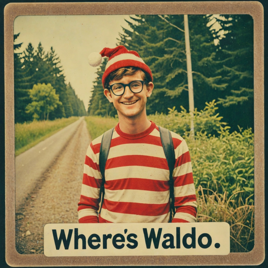 Faded Polaroid Photo of Photo of wheres waldo on a missing sign that says "wheres waldo" Freddy Kruege,  analog,  old fade...
