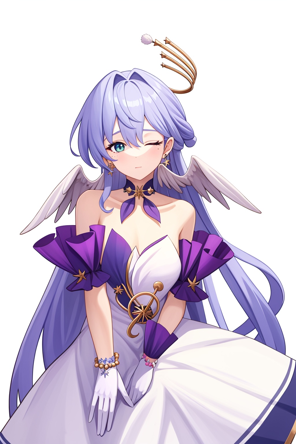 <lora:知更鸟naiv1:1>,robin,a girl named robin,1girl,white dress,bare shoulders,halo,white gloves,earrings,bracelet,head wings,, (masterpiece,best quality,high quality:1.4),absurdres,