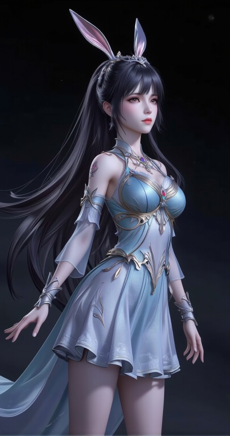 <lora:小舞·泛化版·5:1>,xiaowu,animal ears,rabbit ears,hair ornament,ponytail,long hair,black hair,closed mouth,<lora:萧薰儿衣服:1>,xuneryifu,1girl,solo,dress,full body,black background,bare shoulders,detached sleeves,bare legs,2,cover,gradient background,close-up details,outstanding style,adding a touch of dimension to your images without compromising details,close-up,<lora:DJ滤镜_2.5D版:0.3>,lvjing,<lora:日向雏田9:0.5>,chutian,