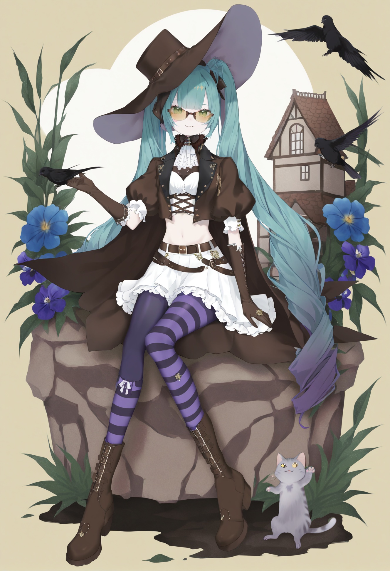 masterpiece, best quality,1girl,   long hair, cat, gloves, hat, flower, fang, navel, sitting, pantyhose, solo, midriff, feathers, green eyes, puffy sleeves, boots, short sleeves, aqua hair, looking at viewer, bird, twintails, smile, belt, very long hair, puffy short sleeves, skirt, brown gloves, animal, building, coat, witch hat, knee boots, closed mouth, twitter username, striped pantyhose, pansy, blush stickers, crop top, cropped jacket, white skirt, cape, elbow gloves, yellow background, full body, brown footwear, blue flower, purple pantyhose, striped clothes, sunglasses <lora:kotrou020XLlokr8f-000180:0.95>