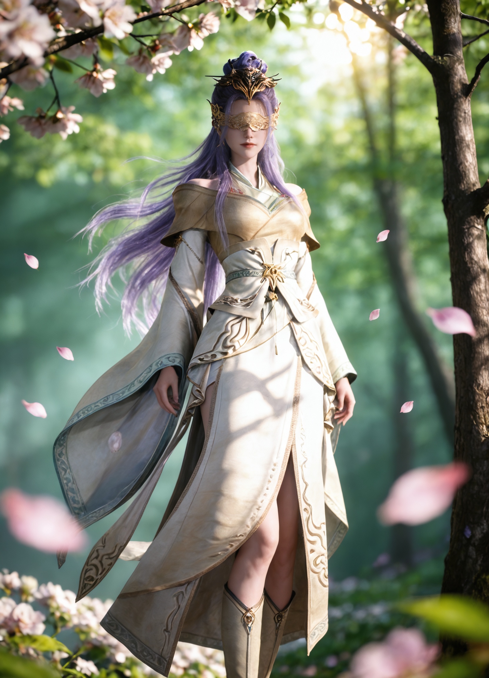 <lora:师兄啊师兄-云霄-眼罩版Pony:0.8>,1girl,long hair,hair ornament,purple hair,eye mask,covered eyes,hair bun,chinese clothes,bare shoulders,white dress,long sleeves,wide sleeves,jewelry,boots,, masterpiece,best quality,amazing quality,very aesthetic,high resolution,ultra-detailed,absurdres,scenery,photorealistic,looking at viewer,moody lighting,peach blossom,falling petals,realistic,photorealistic details,, 1girl, solo, tree, branch, sunlight, outdoors, looking at viewer, blurry,  standing, blurry foreground,sun light,Tyndall,cherry blossom,