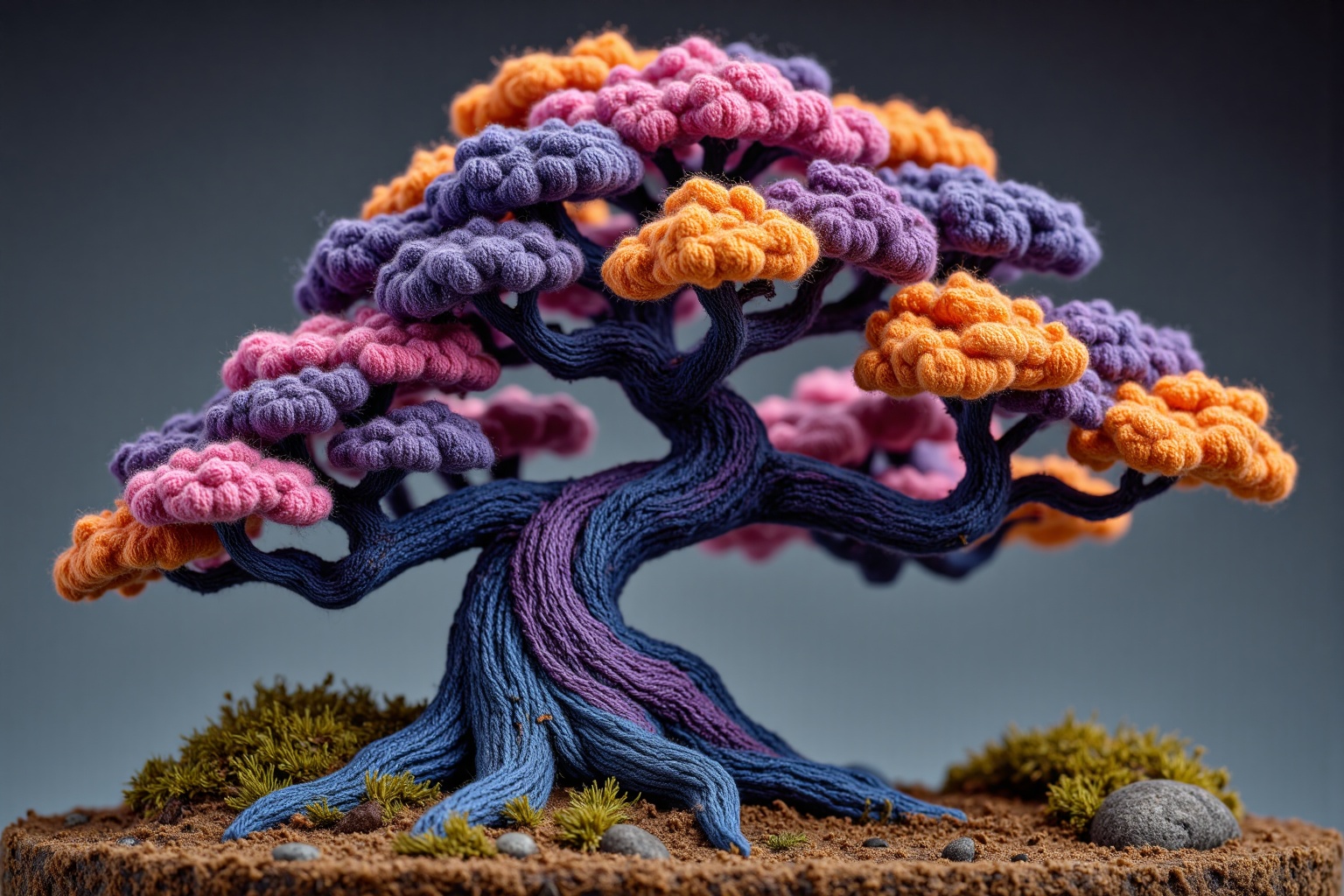beijihui,Captured in a close-up,eye-level perspective,a crocheted tree is adorned with a variety of vibrant colors,including purple,pink,blue,and orange. The tree's roots are encircled by a cluster of small rocks,adding depth to the composition. The background is a muted gray,providing a stark contrast to the tree's vibrant colors. The branch of the tree is composed of a blend of greens,yellows,and blues,adding a pop of color to the otherwise monochromatic scene.,