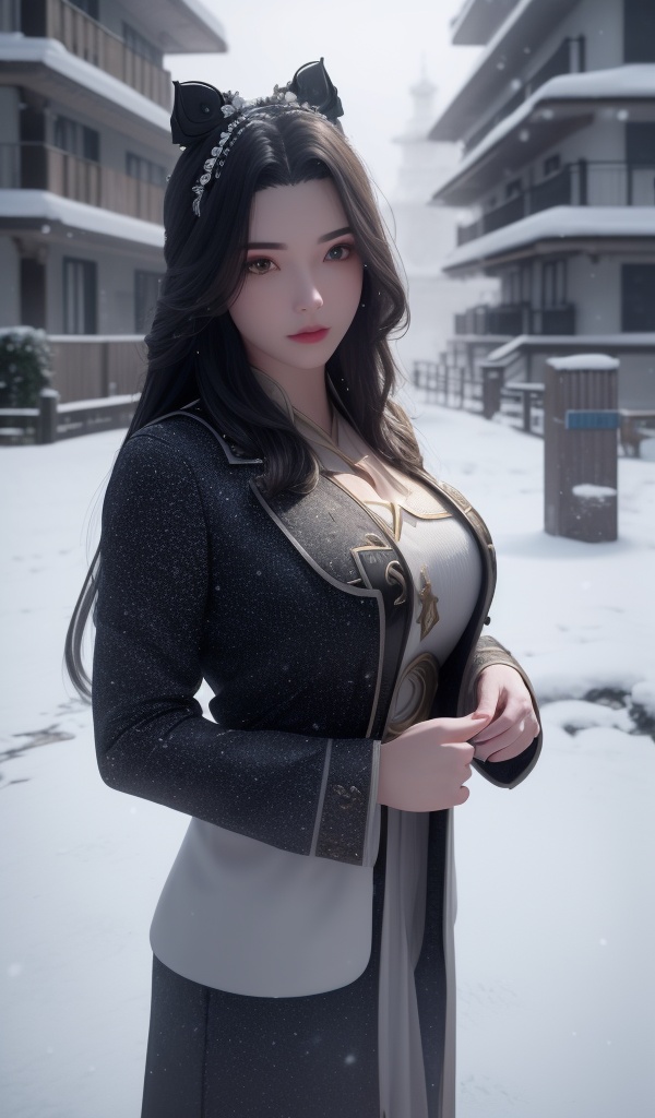 <lora:642-DA-完美世界-龙女:0.8>(,1girl, ,best quality, ),looking at viewer,masterpiece, (( , )),, realistic,science fiction,mole, ultra realistic 8k cg, ,outdoors, snow, snowing,