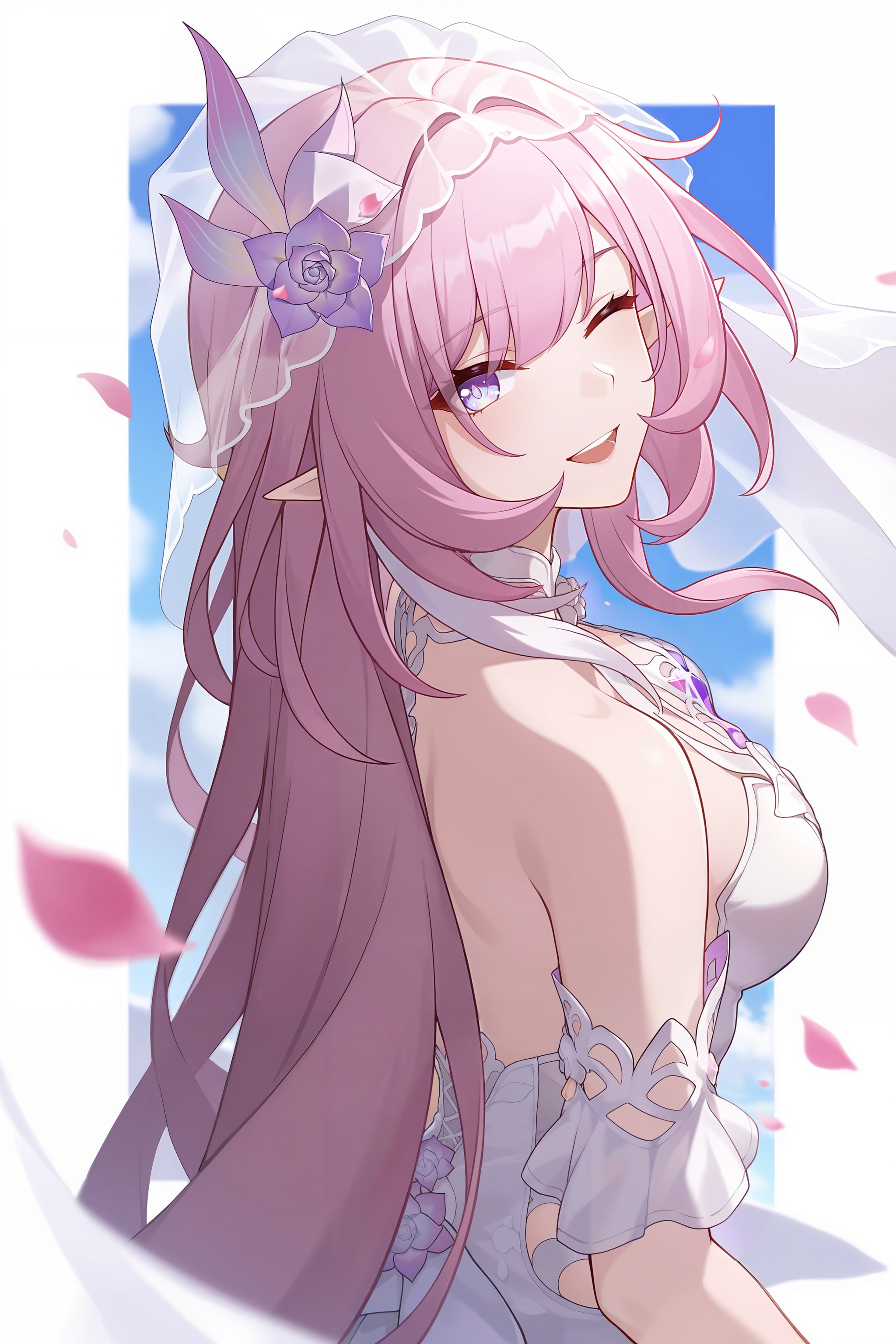 <lora:大昔涟:0.8>,xilian,1girl,long hair,pink hair,hair ornament,pointy ears,pink eyes,very long hair,elf,purple eyes,elysia \(honkai impact\),xilian,1girl,pink hair,solo,long hair,veil,breasts,smile,one eye closed,white dress,open mouth,dress,looking at viewer,petals,teeth,purple eyes,pointy ears,sky,blue sky,upper body,bridal veil,wedding dress,large breasts,pink eyes,depth of field,masterpiece,best quality,very aesthetic,alternate costume,alternate costume,2024,2023,perfect composition,ultra-detailed,extreme aesthetic,masterpiece,best quality,good quality,newest,year 2024,year 2023,very aesthetic,absurdres,looking_at_viewer,colorful,<lora:立绘构图ILL:0.3>,lihui,wind,pink wind,(dynamic_angle:1.1),(dutch angle:1.1),close-up,