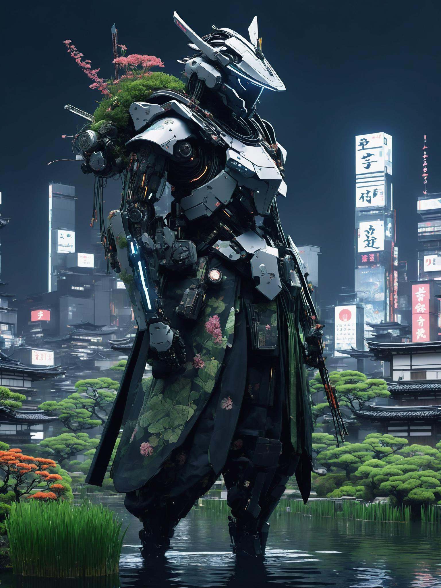 A techno-samurai guards the floating gardens of a cybernetic Kyoto,  its skyline a blend of modern skyscrapers and traditi...