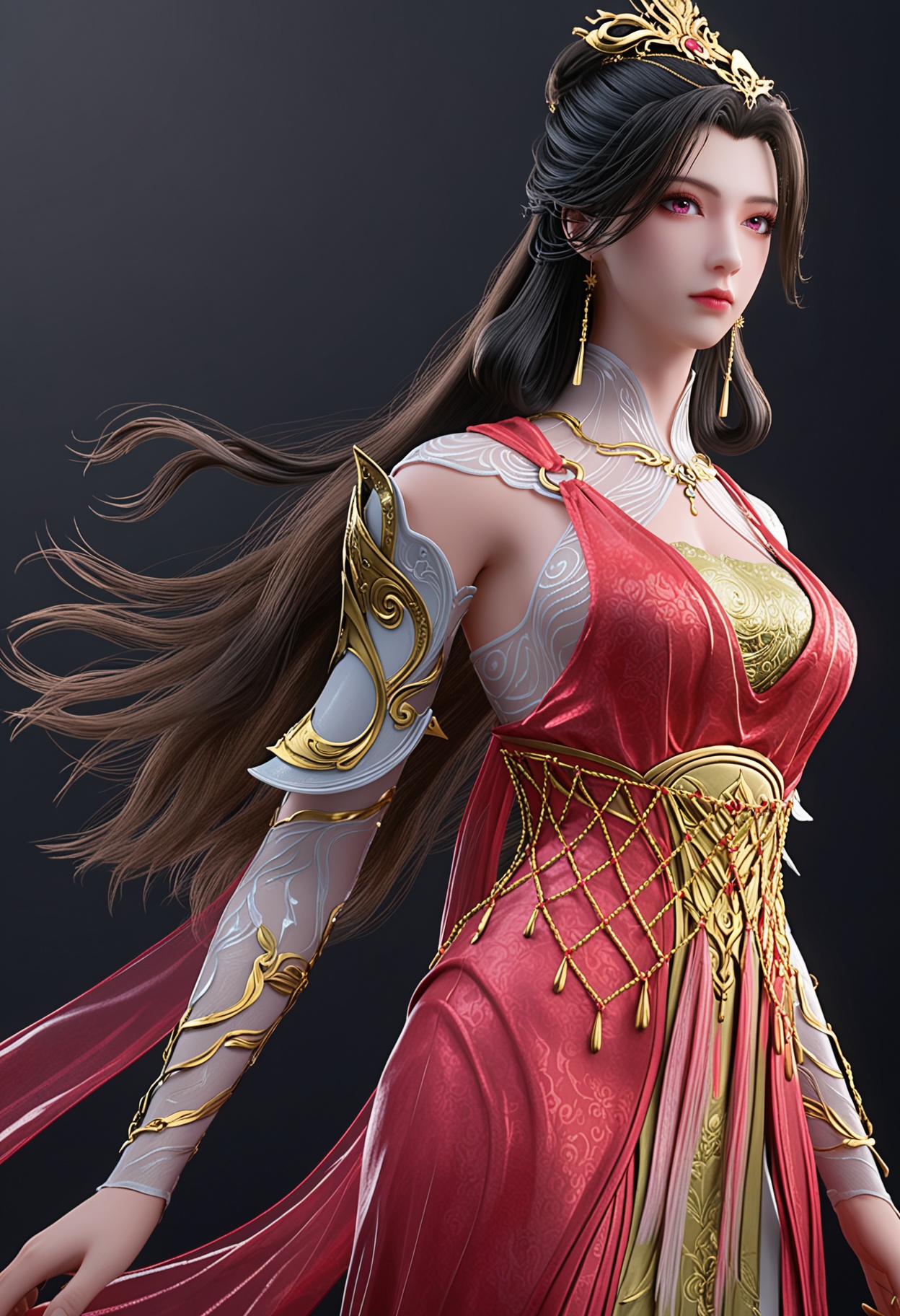 score_9,looking_at_viewer,upper body,large breasts,1girl,solo,long hair,pink eyes,jewelry,earrings,hair ornament,dress,black hair,closed mouth,red dress,brown hair,expressionless,hair bun,realistic,hair rings,high heels,(simple background,pure black background,black background:1.1),perfect_anatomy,<lora:QQSponyzhaolinerV1:0.8>,