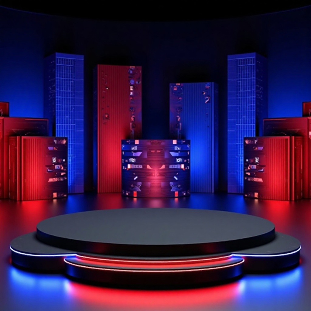zhantai,zhantai,A circular stage, black in color, surrounded by red and blue lights, with two circular bases at the bottom of the stage. The stage background is an abstract urban landscape, including red and blue buildings. The stage is located in the center of the picture, and the stage bases are on the left and right sides of the stage. The stage background is an abstract urban landscape, including red and blue buildings. The stage and background form a modern display environment, with a 3D rendering style and bright lighting. The overall atmosphere is modern and vibrant.