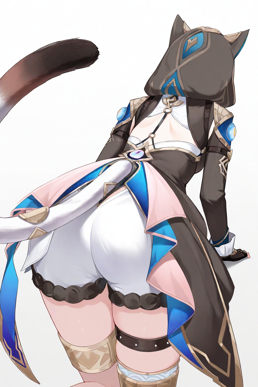 Cipher\(honkai:star rail\),tail,1girl,solo,hood,cat tail,white background,simple background,animal hood,shorts,animal ears,from behind,hood up,cat hood,
