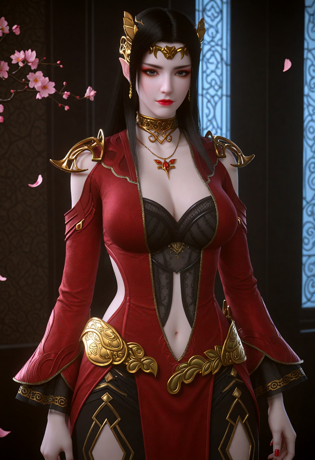 (cowboy shot:1.2),(gigantic breasts:0.6),(slender:1.3),(looking_at_viewer:1.1),(masterpiece:1.1),(best quality:1.2),(intricate details),dim lighting,(smog:1.3),(Dark room:1.3),(dim lighting:1.3),peach blossom,falling petals,<lora:YQ_Illustrious光辉v5_美杜莎_V9:0.8>,q1528437228,solo,1girl,long_hair,black_hair,jewelry,pointy_ears,earrings,necklace,hair_ornament,dress,red_dress,navel,brown_hair,choker,realistic,cleavage,tiara,long_sleeves,clothing_cutout,armor,grey_eyes,black_eyes,skirt,shoulder_armor,eyeshadow,masterpiece,(best quality),(intricate details:0.9) BREAK masterpiece,(best quality),(intricate details:0.9),(realistic skin:1.2),