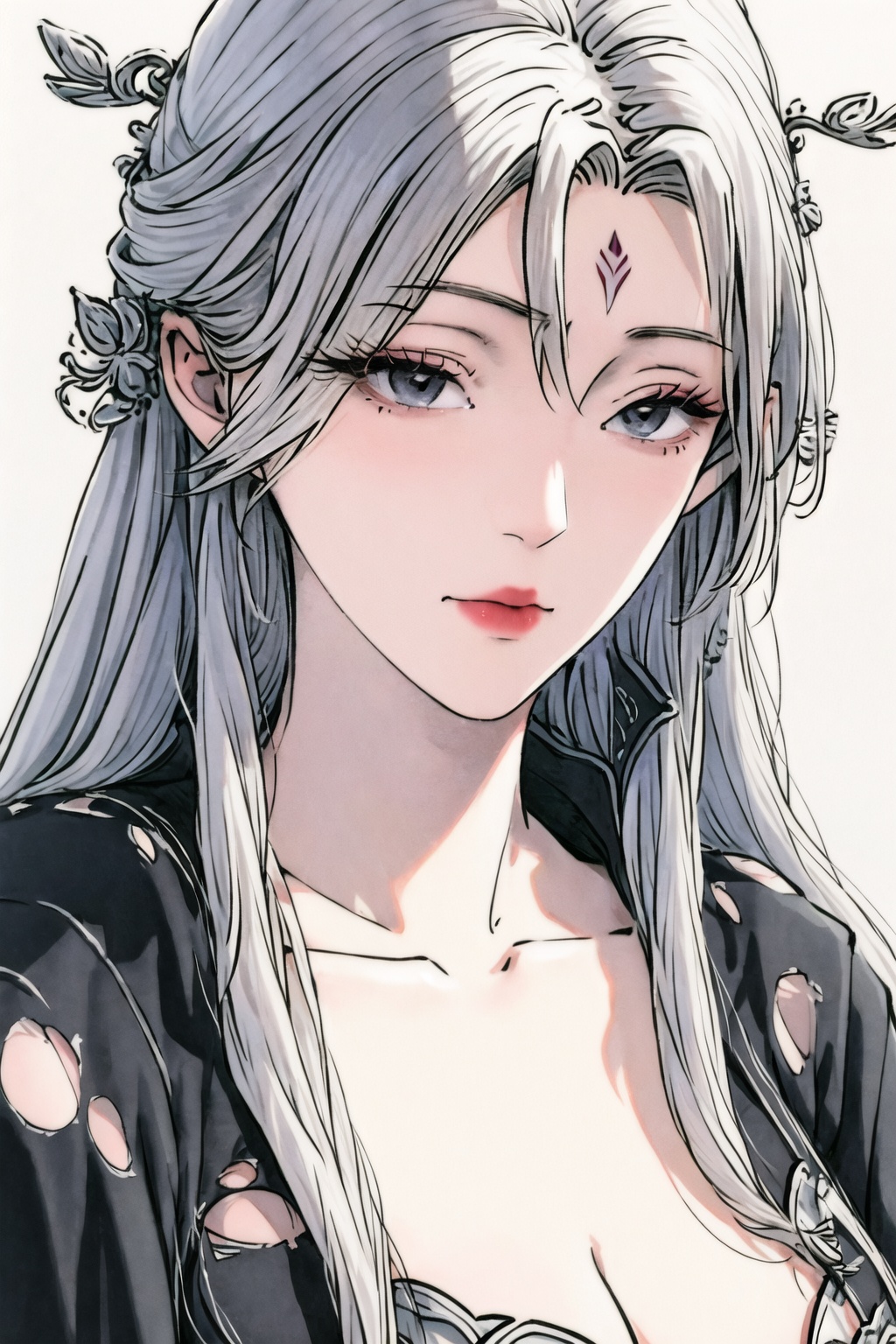 1girl,solo,long hair,breasts,looking at viewer,upper body,hair ornament,forehead mark,white hair,facial mark,large breasts,simple background,closed mouth,collarbone,white background,red lips,grey hair,cleavage,makeup,torn clothes,<lora:gufeng5:1>,