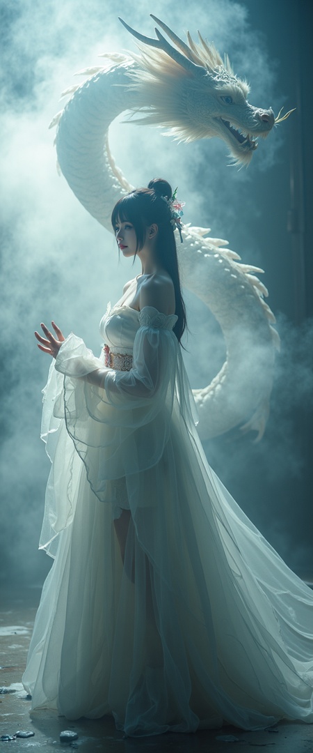 A depiction of a geisha with flowing, delicate robes that ripple gracefully in the wind, (disintegrating and dissolving into fog and smoke:1.7), (blending form with reality:1.7). A majestic Chinese dragon coils behind her, emerging partially from the shadows with an air of mystery and power. Framed in thick volumetric fog, the scene is bathed in diffused light that enhances the ethereal and dreamlike quality. Delicate, whispering tendrils of drifting fog interweave with cracked light and scattering smoke, creating an eye-catching masterpiece artwork that feels both surreal and hauntingly beautiful.,(((photo raw)),),from side,supermodel,Alternate Reality, Stylish Fashion, Skimpy Outfits, Creative Art, Unique Aesthetic, Bold Design, Alternative Style,,reflective light,glowing,energy, reflection ,wearing see-through ballgown,
