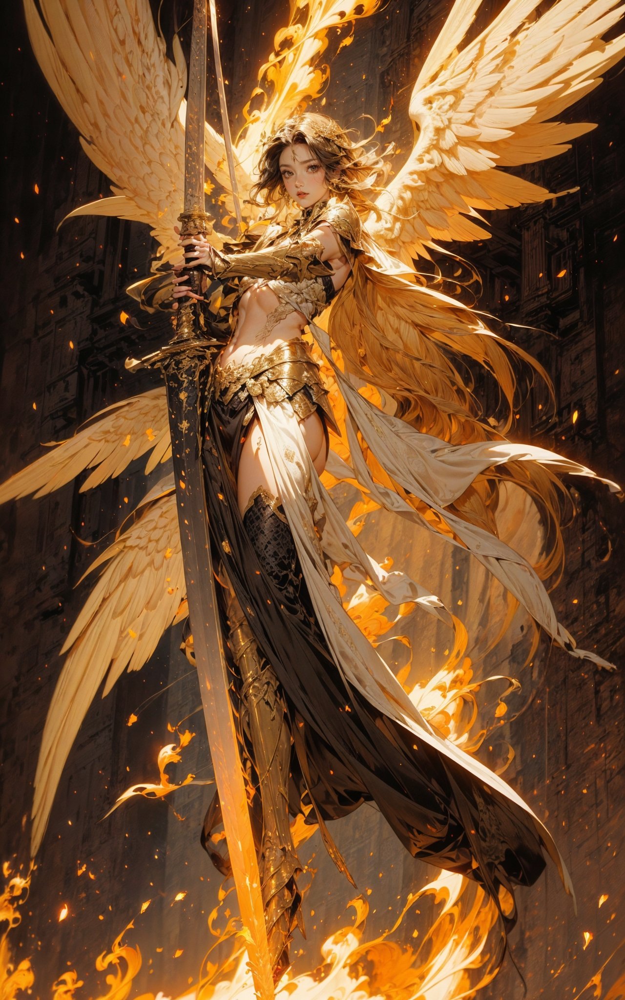 angel,  Super powerful flame angel flies out of the clouds,  behind him is golden meteor magic surrounding his body on Ten...