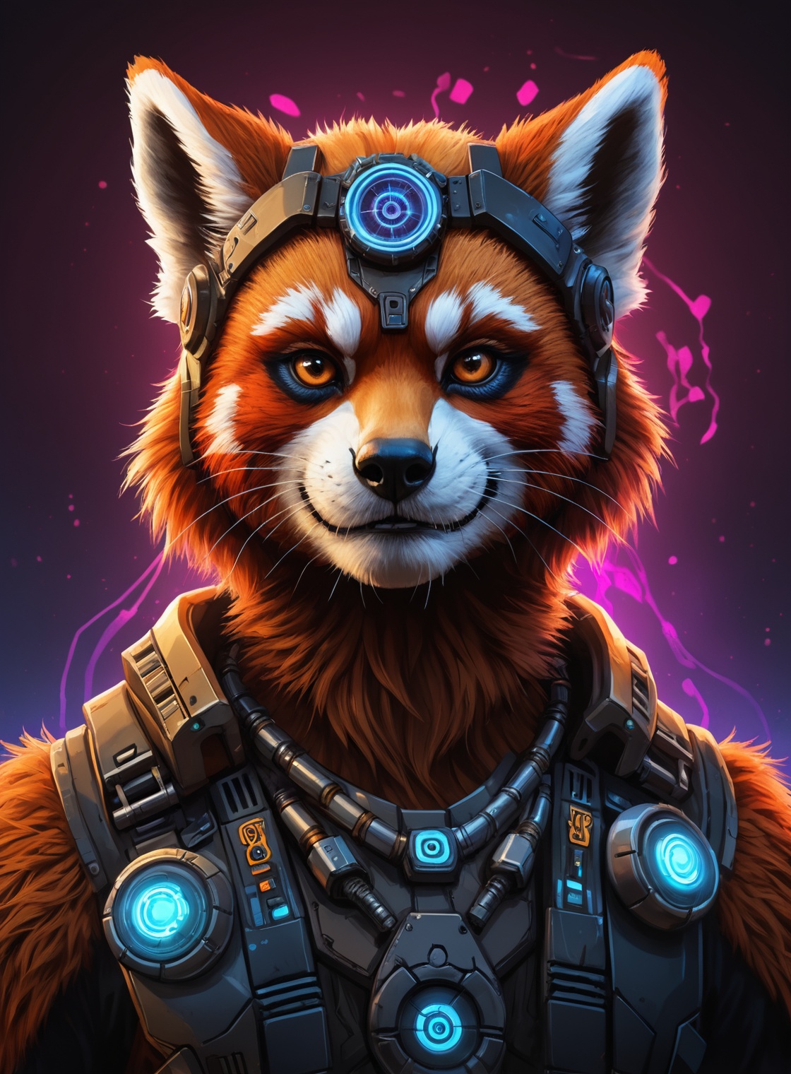 (cyberpunk viking red panda with robotic parts epic background glowing runes),  anthropomorphic,  beautiful on Tensor.Art