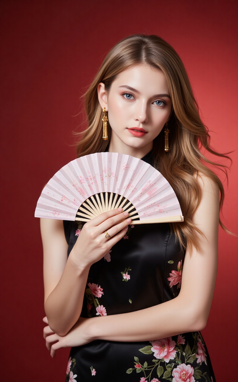 mote,pifu,baoshi,lvjing,long hair,blonde hair,jewelry,earrings,blue eyes,ring,lips,red_lips_,1girl,dress,hand fan,holding,solo,earrings,jewelry,chinese clothes,china dress,black dress,holding fan,floral print,blurry,sleeveless,looking at viewer,sleeveless dress,red background,folding fan,standing,head tilt,2,cover,simple background,gradient background,close-up details,outstanding style,adding a touch of dimension to your images without compromising details,close-up,