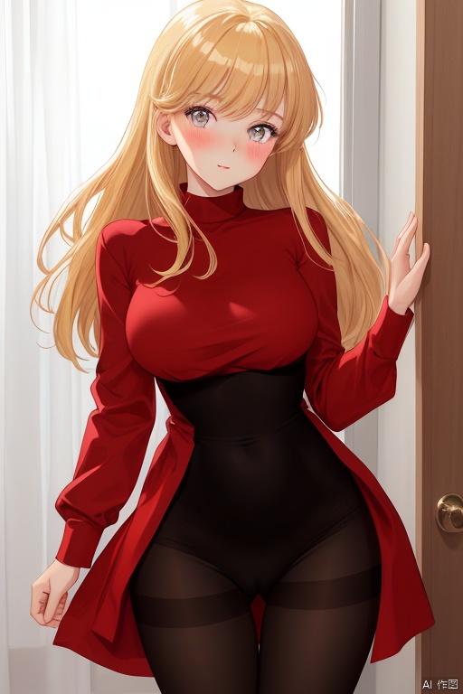 mnmhf,(masterpiece, best quality), 1girl, blonde hair, red dress, pantyhose, cute face, blush<lora:EMS-344925-EMS:0.800000>