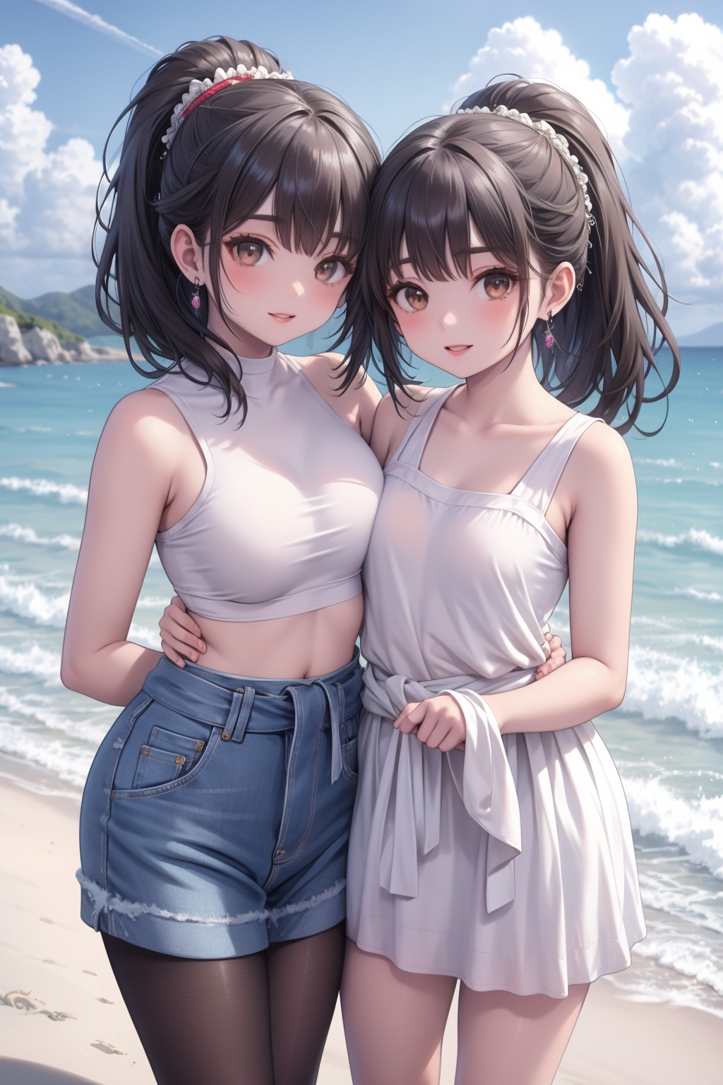 multiple girls,3girls,skirt,brown hair,beach,ponytail,jewelry,brown eyes,smile,looking at viewer,cloud,sky,long hair,**** top,ocean,jacket,shirt,earrings,outdoors,clothes around waist,
