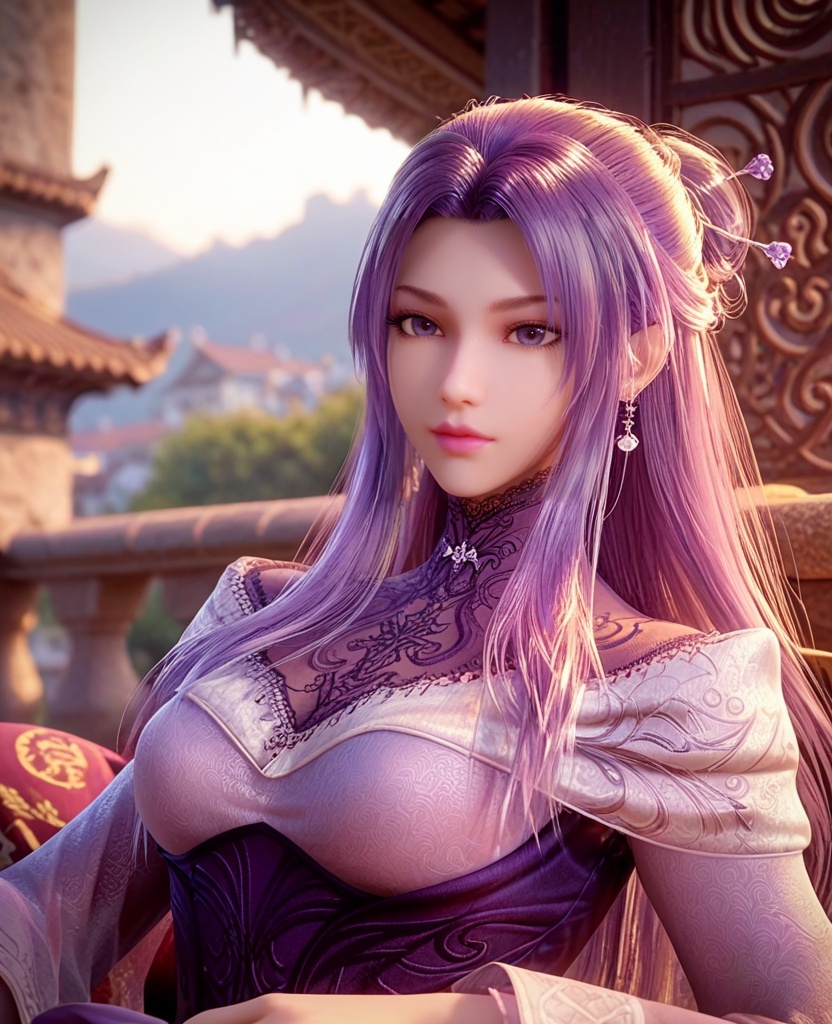 (oriental architecture, elegant decor, sophisticated style:1.1),(sunbathing:1.1),(breasts:1.2),<lora:XL秦时明月紫女仕女服:0.95>,1girl,dress,long hair,purple hair,purple eyes,corset,hair bun,hair ornament,hairpin,medium breasts,, score_9,score_8_up,score_7_up,score_6_up,score_5_up,score_4_up,3d rendering,tag1,tag2, Cinematic Lighting,backlighting,