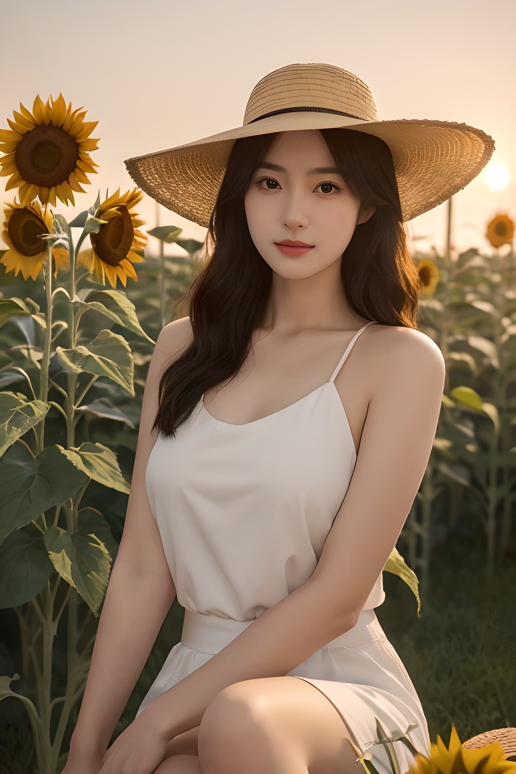 <lora:0813_02:0.7>,a girl with a sun hat, sitting in a field of sunflowers, bathed in the golden glow of sunset, warm hues, peaceful ambiance, natural beauty.korean girl,black hair,, 1girl,realistic,masterpiece, best quality, photorealistic, HDR,detail