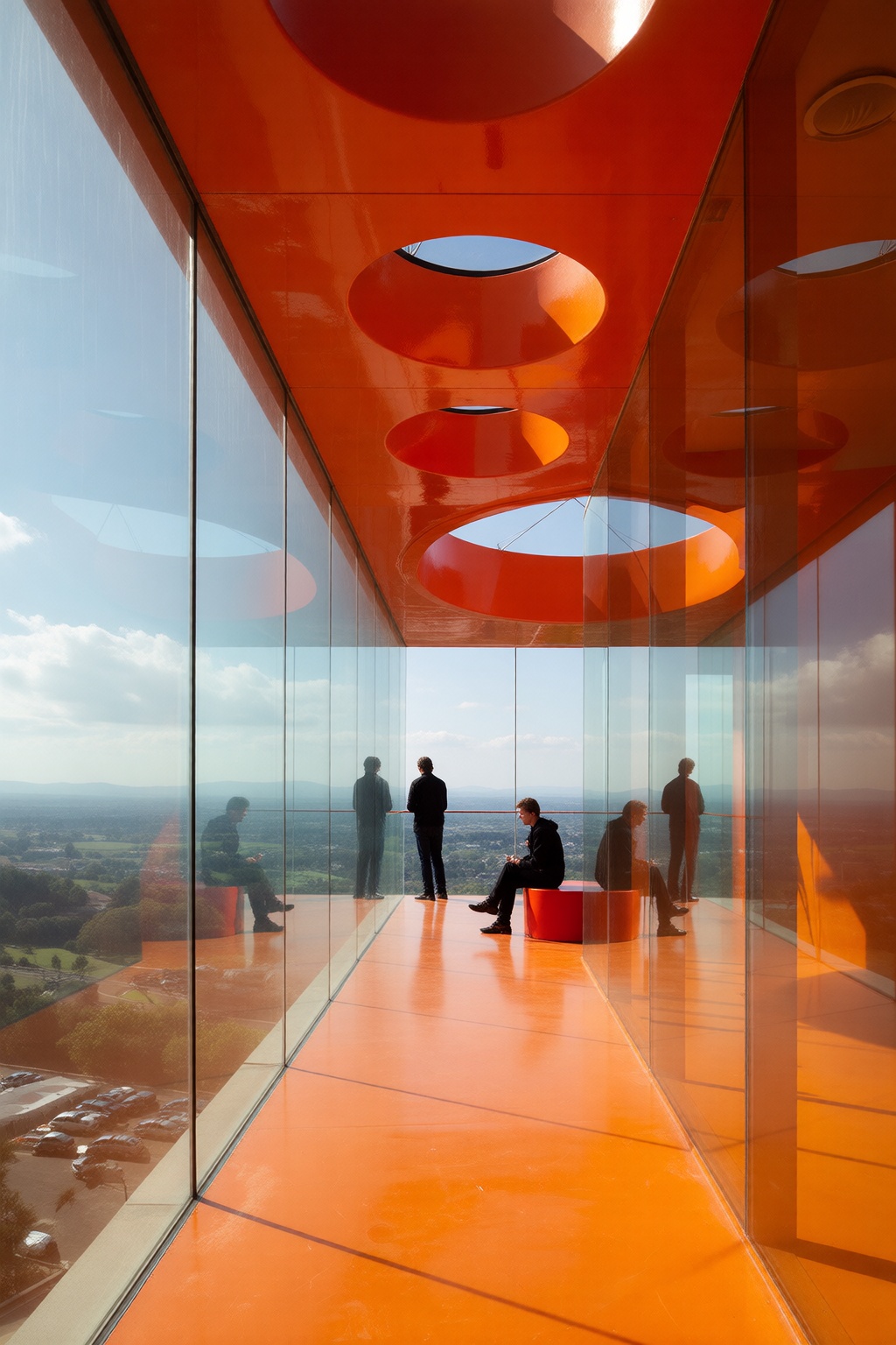 vibrant modern architectural corridor,  translucent orange glass walls,  glossy orange ceiling with circular cutouts on Te...