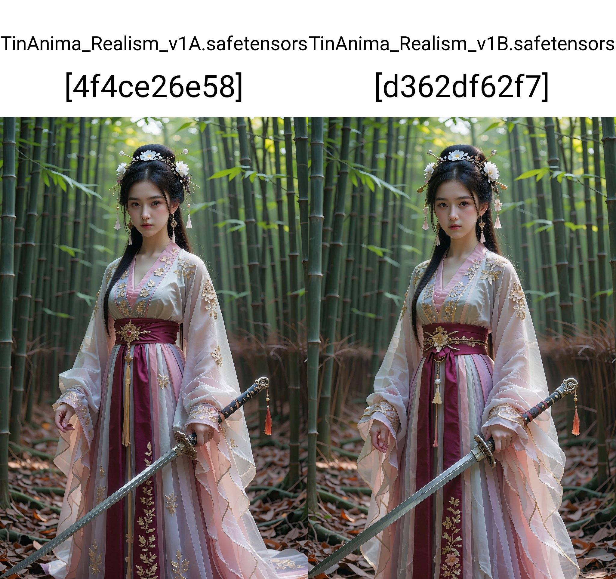 This is a high-resolution photograph of a young Asian woman standing in a serene bamboo forest. She is dressed in an elabo...