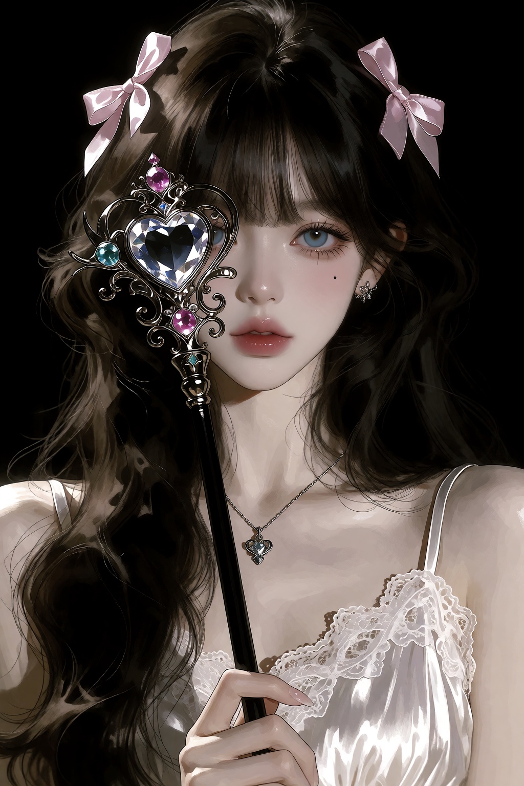 A beautiful,  moody,  and semi-realistic illustration of a portrait of a woman set against a pitch-black background. She h...