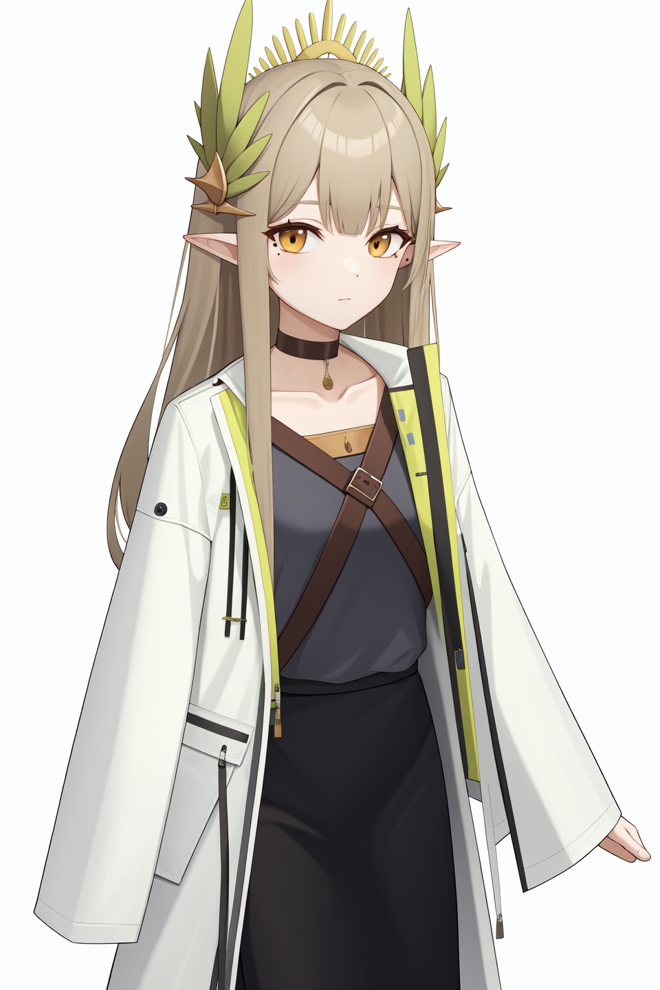 <lora:缪尔赛思v2:1:lbw=char>,muelsyse,1girl,solo,long sleeves,white coat,open coat,black choker,white jacket,mole,high quality,collarbone,shirt,open jacket,laurel crown,black skirt,, (masterpiece,best quality,high quality:1.4),absurdres,