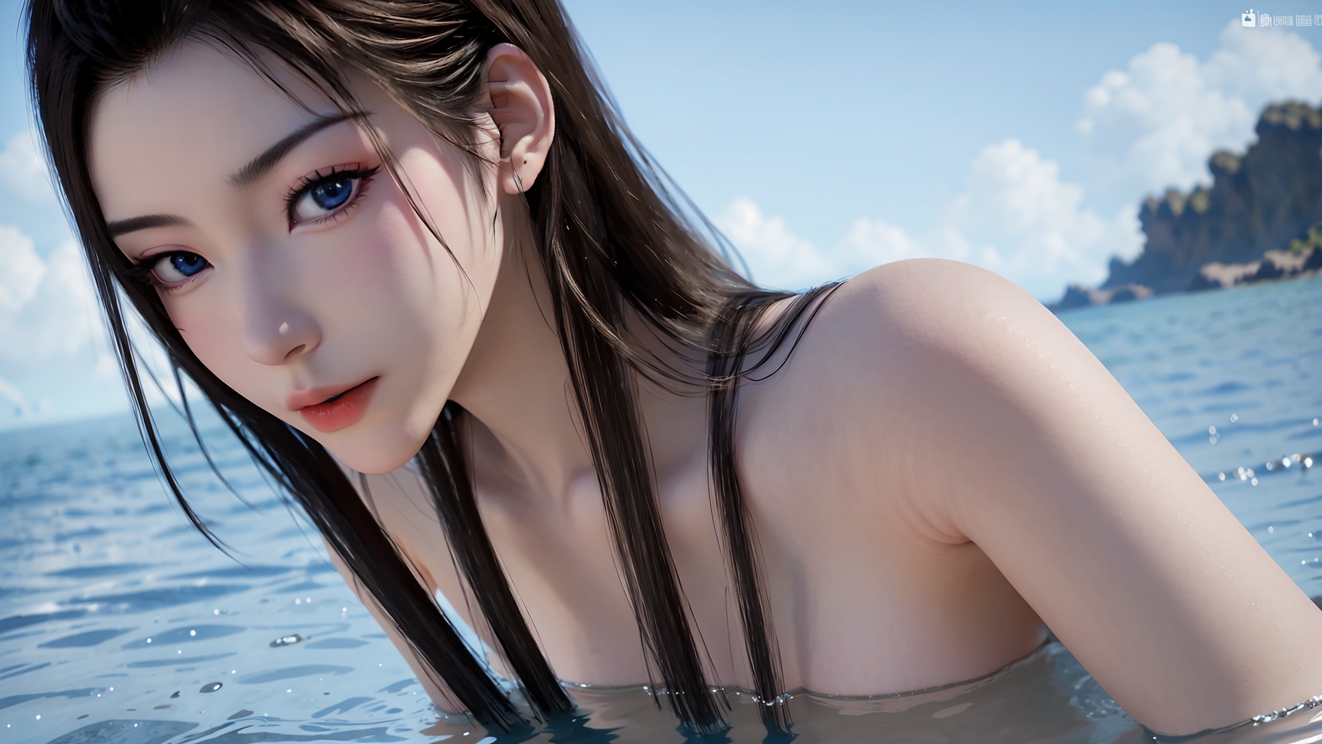 1girl,long hair,black hair,solo,blue eyes,water,artist name,closed mouth,lips,collarbone,nude,<lora:girl solo yuanyao_20240908025103:0.6>,incredibly absurdres,wallpaper,<lora:Gloss_Tweaker_V2:0.6>,<lora:粉色妆容强度调节滤镜:0.7>,