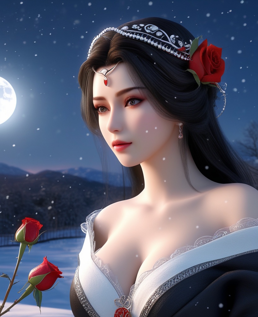 <lora:592-DA-XL-星辰变-姜立:0.8>(,1girl, ,best quality, ),looking at viewer,masterpiece, (( , )),, realistic,science fiction,mole, ultra realistic 8k cg, ,      ,outdoors, snow, snowing, snow on head, sun,sunset,sunlight,moonlight,full moon, red moon,  crescent moon,  crescent rose,  black rose,       (cleavage), (),