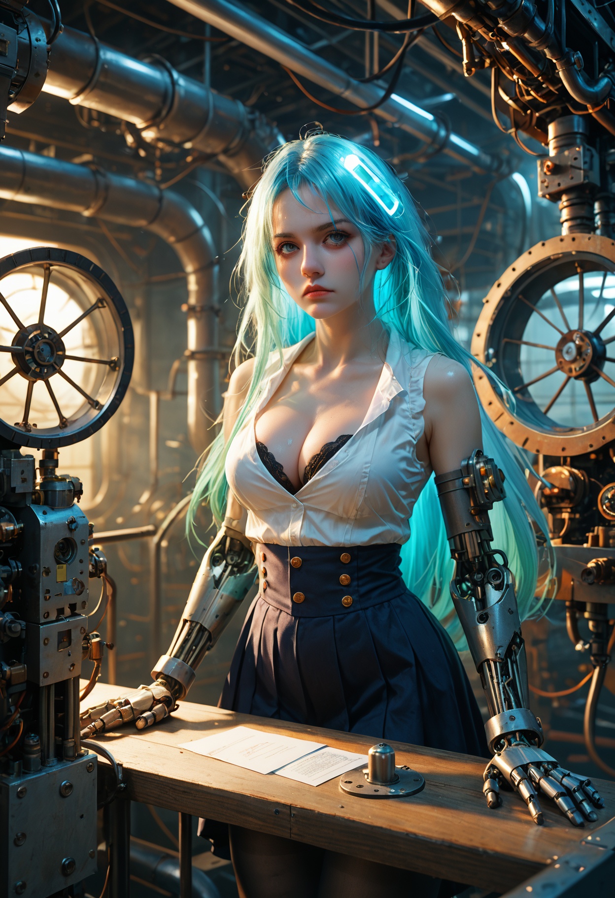 score_9,score_8_up,score_7_up,masterpiece,best quality,8k,dramatic lighting,cold colors,night,steampunk,laboratory,complex scenes,intricate mechanical structure,pipeline,piping,paper wheel,metallic luster,the girl sat in front of the test bench and did a serious experiment,large_breasts,black_pantyhose,broken pantyhose,cleavage,skirt,very long hair,mechanical arm,glowing hair,white gradient hair,