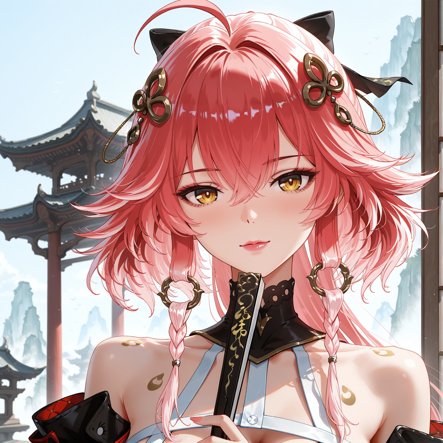 (wlop:0.6),best quality,very aesthetic,pink lips,thin lips,sexy,folding_fan,fan,holding fan,holding,holding fan,solo,open folding fan,the fan blocks half of the face,upper body,<lora:长离长离:1>,changli,1 woman,yujie,long hair,bangs,hair ornament,hair between eyes,yellow eyes,pink hair,ahoge,red hair,