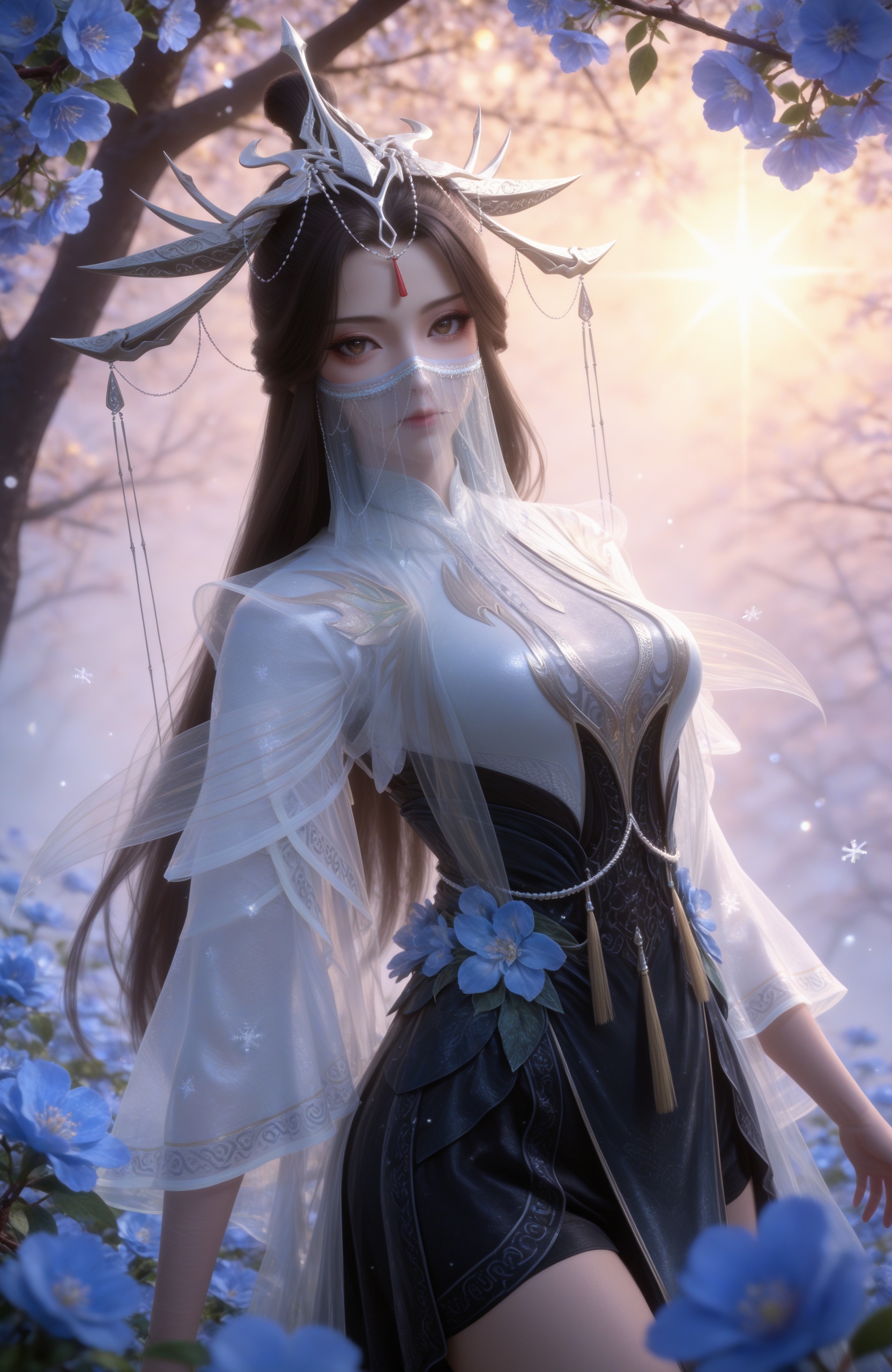 <lora:百炼成神2-玉婆婆IL:0.7> 1girl, long hair, brown hair, hair ornament, brown eyes,mouth veil, hair bun, tiara,dress, chinese clothes, see-through, white dress,black dress, bare legs,green footwear,, realistic style photo,outstanding style,Use soft lighting to cast gentle shadows on the subject,adding a touch of dimension to your images without compromising details,whirls of vapor,(Anime:1.1),soft neon light,ethereal ambiance,delicate details,magical atmosphere,concept art,highly detailed,ultra-high resolution,32K UHD,sharp focus,best-quality,masterpiece,golden hour,unconventional supreme masterpiece,masterful details,temperate atmosphere,with a high-end texture,in the style of fashion photography,magazine style,Dynamic Angle,Dynamic posture,magazine style,Dynamic Angle,Dynamic posture,(cowboy_shot:1.2),eye trail,depth of field,cinematic lighting,lens flare,close-up,extreme aesthetic,(wlop:0.6),(honjou raita,lack,rella,wanke:0.5),masterpiece,best quality,good quality,newest,year 2025,very aesthetic,absurdres,Visual impact,A shot with tension,ultra-high resolution,32K UHD,sharp focus,best-quality,masterpiece,Emotionalization,unconventional supreme masterpiece,masterful details,temperate atmosphere,with a high-end texture,in the style of fashion photography,(Visual impact:1.2),giving the poster a dynamic and visually striking appearance,, solo,  upper body, blue flower, looking at viewer, snowflakes, closed mouth, branch,