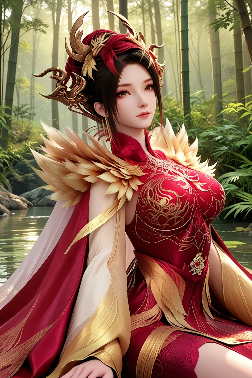 A woman lying on her stomach with her head resting on her arms, legs bent at the knees.,<lora:XL16神国之上神子娘娘:0.95>,1girl,red corset gown,brown eyes,black hair,red streaked hair,hair ornament,yellow feathers capelet,white cape train,wide flowing sleeves,(large breasts:1.2),bamboo forest,water,river,stone,, score_9,score_8_up,score_7_up,score_6_up,score_5_up,score_4_up,3d rendering,tag1,tag2, Cinematic Lighting,backlighting,