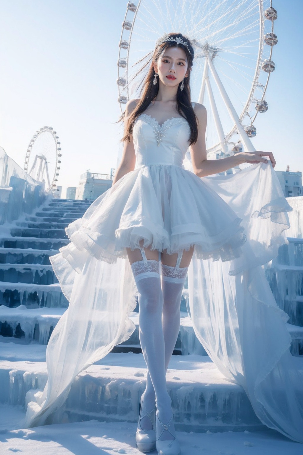 wearing a white dress,a girl wearing a wedding dress,white dress,ice and snow crown,high end long tail wedding dress,long legs,(white stockings:1.2),sky,cloud,ice castle,ferris wheel,looking_at_viewer,standing,<lora:Ice and Snow World_20231223195220-000010:0.7>,nikon lens,ice steps,1girl,solo,earrings,long hair,jewelry,realistic,brown hair,brown eyes,brunette,makeup,snowflakes,drifting snowflakes,