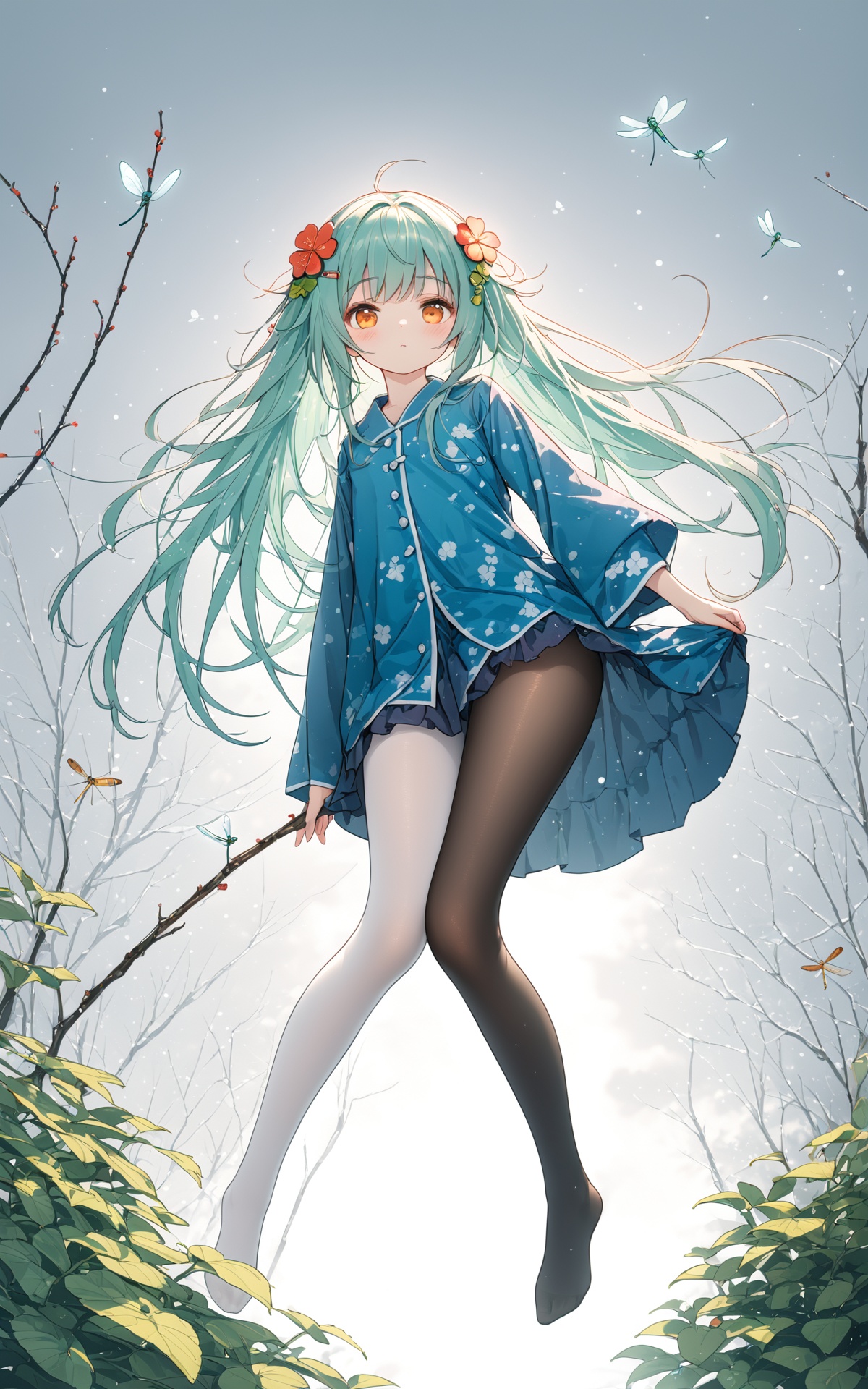 (masterpiece), (best quality), illustration, ultra detailed, hdr, Depth of field, (colorful),1girl,mint hair,orange eyes,clover hair ornament,long hair,disheveled hair,messy hair,plum blossoms,blue pajamas,branch,dragonfly,full body,mismatched legwear, white legwear, black legwear,pantyhose, xinniang, backlight, black pantyhose, white pantyhose, vibrantProj