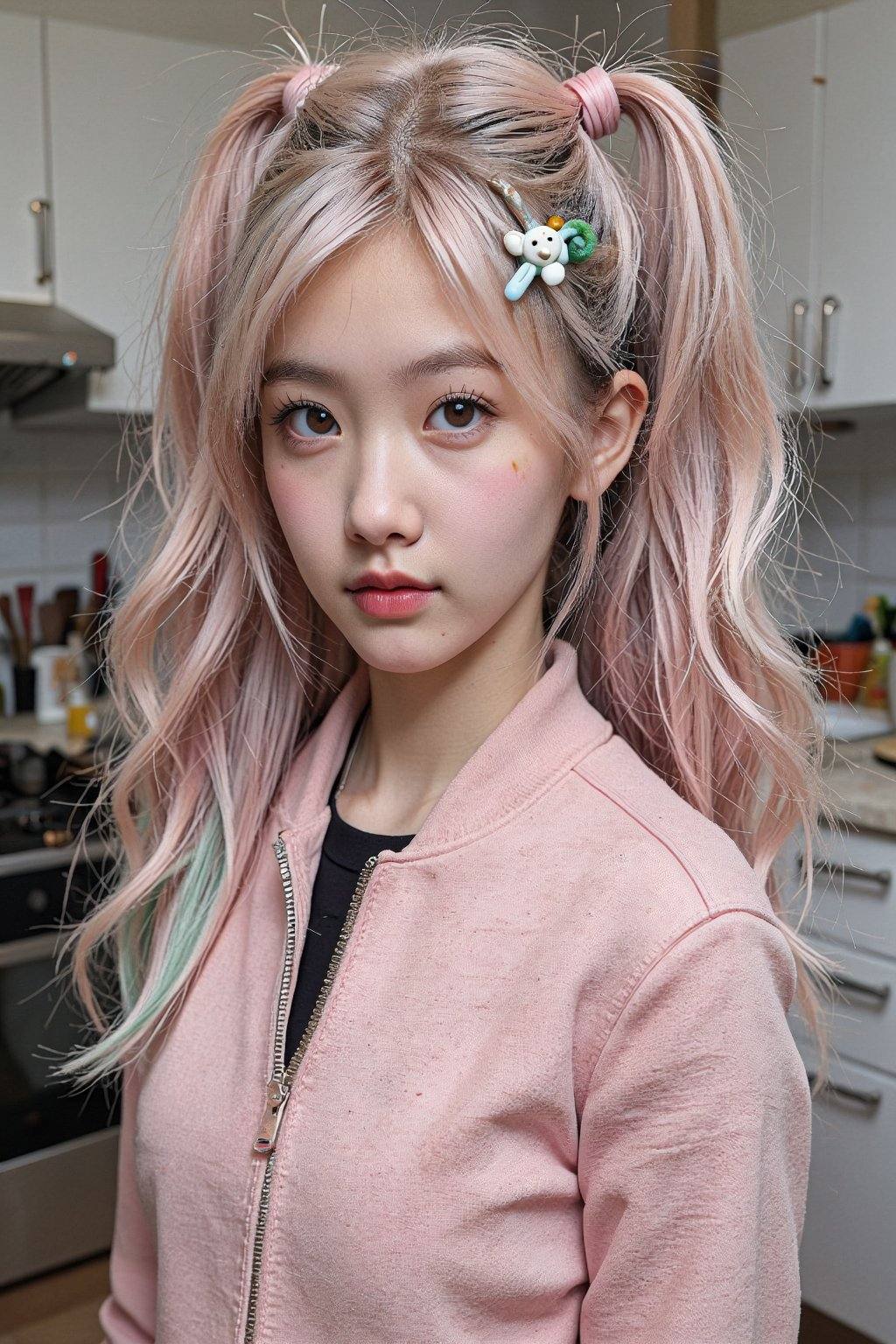This is a high-resolution photograph of a young Asian woman with a fair complexion and long,  wavy,  pastel pink hair styl...