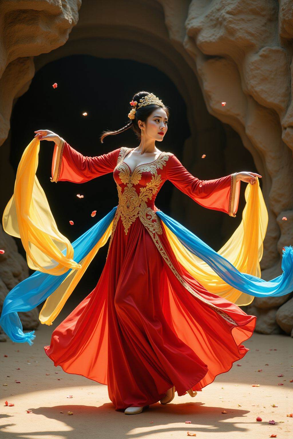 This is a highly detailed, vibrant photograph featuring a woman in traditional Chinese attire, dancing gracefully in a mystical, cave-like setting. The woman is dressed in an elaborate, flowing red dress adorned with intricate golden embroidery and embellishments. She wears a golden headdress with ornate designs and has her hair styled in an elaborate updo with small, delicate flowers. Her makeup is bold and dramatic, with red lipstick and eye makeup that accentuates her eyes.She is in mid-movement, with her arms gracefully extended, holding and twirling large, flowing ribbons of fabric in vivid colors: yellow, blue, and orange. The ribbons appear to be made of sheer, silky material, adding a sense of movement and fluidity to the image. The background is dark, with a rocky, cave-like structure that suggests a mystical or fantasy setting. Scattered petals and small, glowing orbs float around her, adding to the magical atmosphere.The ground is a light, sandy color, and there are scattered petals and other small objects on the ground, which adds to the sense of a serene, natural environment. The overall mood of the photograph is one of elegance, grace, and enchantment, with a strong emphasis on the interplay of light and color.