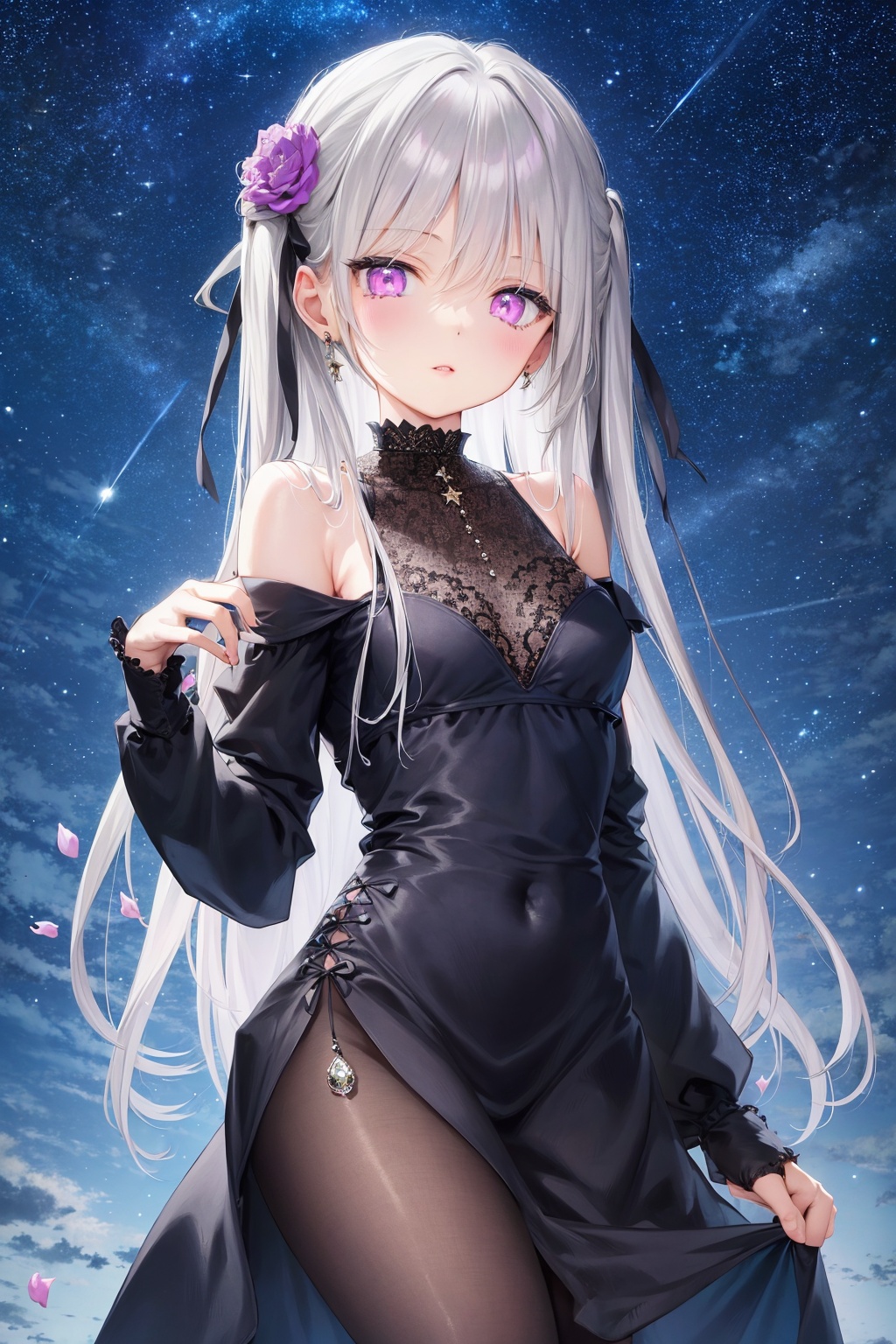 <lora:艺术家_mignon2:0.6>, 1girl, flower, detailed eyes, gradient eyes, aqua eyes,pink eyes, eye glitter, solo, long hair, dress, hair ornament, grey hair, sky, star (sky), hair flower, black dress, night sky,  breasts, starry sky, long sleeves, night, ribbon, white dress, petals, jewelry, bare shoulders
