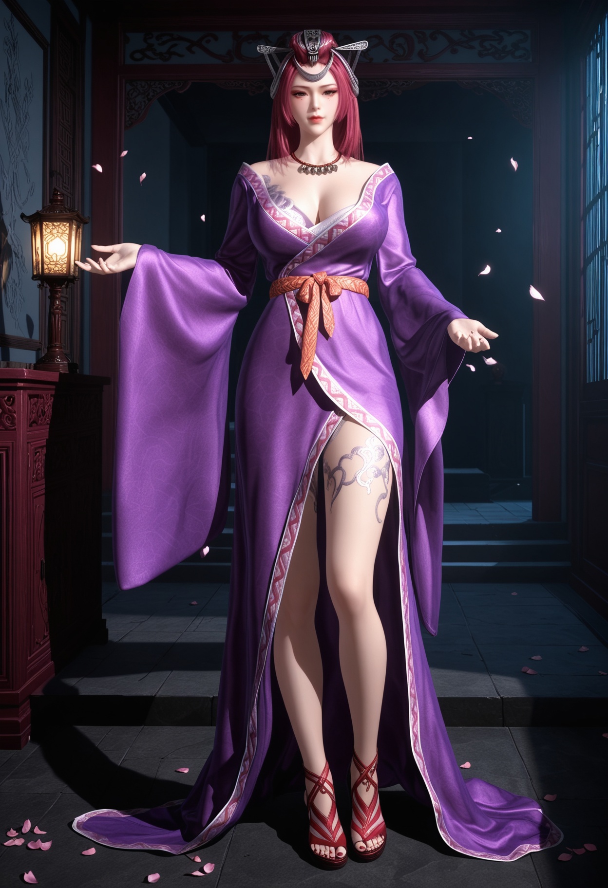 (full_body:1.2),(gigantic breasts:0.7),(Perky boobs:1.3),(looking at viewer:1.1),facing viewer,direct gaze,(masterpiece:1.1),(best quality:1.2),(intricate details),(smog:1.3),(Dark room:1.3),(dim lighting:1.3),peach blossom,falling petals,<lora:YQ_Illustrious光辉v5_田蜜_V1:0.8>,1girl,q1528437228,solo,jewelry,necklace,hair ornament,long hair,dress,mole under eye,brown eyes,tattoo,sash,shoes,side slit,black eyes,thighs,hat,leg tattoo,masterpiece,(best quality),(intricate details:0.9) BREAK (intricate details:0.9),(realistic skin:1.2),masterpiece,best quality,newest,absurdres,hiahres,