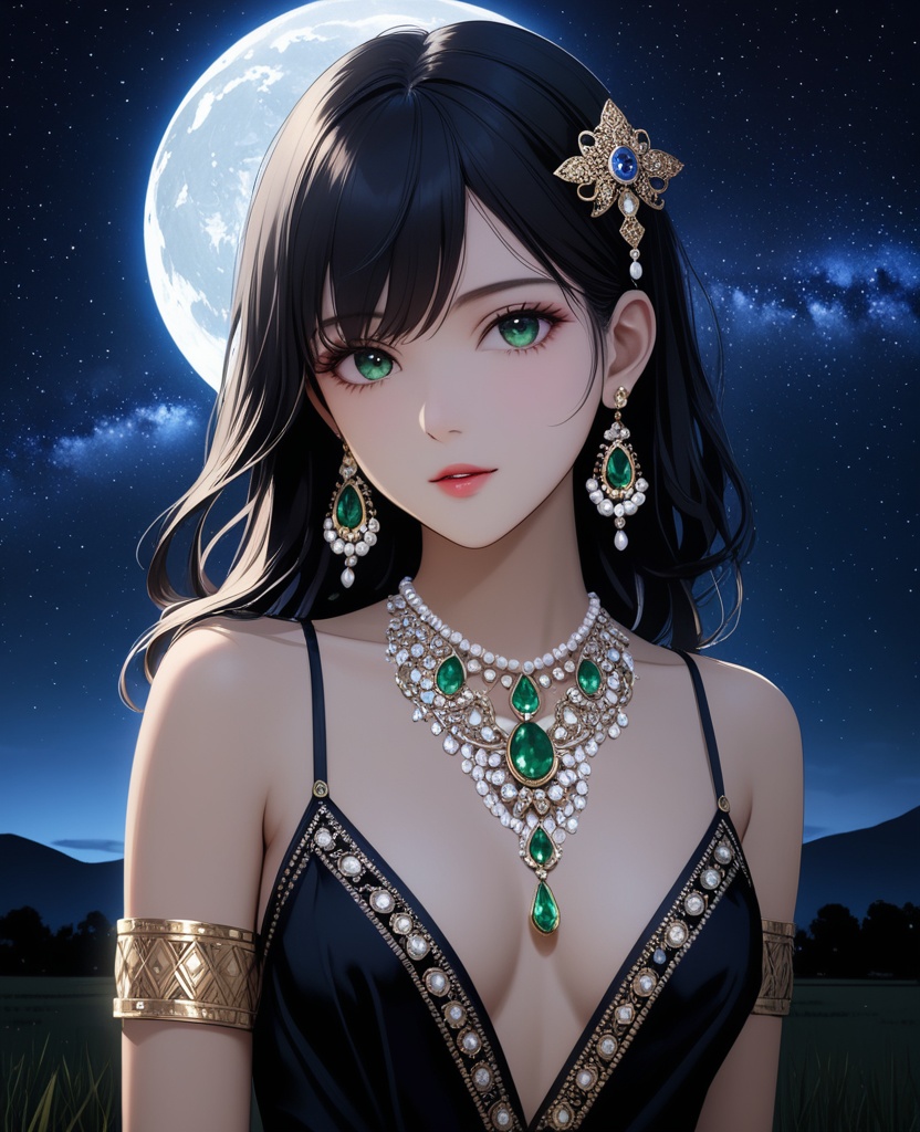 (,1girl, ,best quality, ),looking at viewer,masterpiece(,1girl,night, starry sky, milky way,outdoors, full moon,  night sky, darkness,  world of darkness, , ) ,ultra realistic 8k cg,   clean, masterpiece,     (( , )),, , , prestige, luxury, jewelry, diamond, gold, pearl, gem, sapphire, ruby, emerald, intricate detail, delicate pattern, charming, alluring, seductive, erotic, enchanting, hair ornament, necklace, earrings, bracelet, armlet,halo((, )), (),