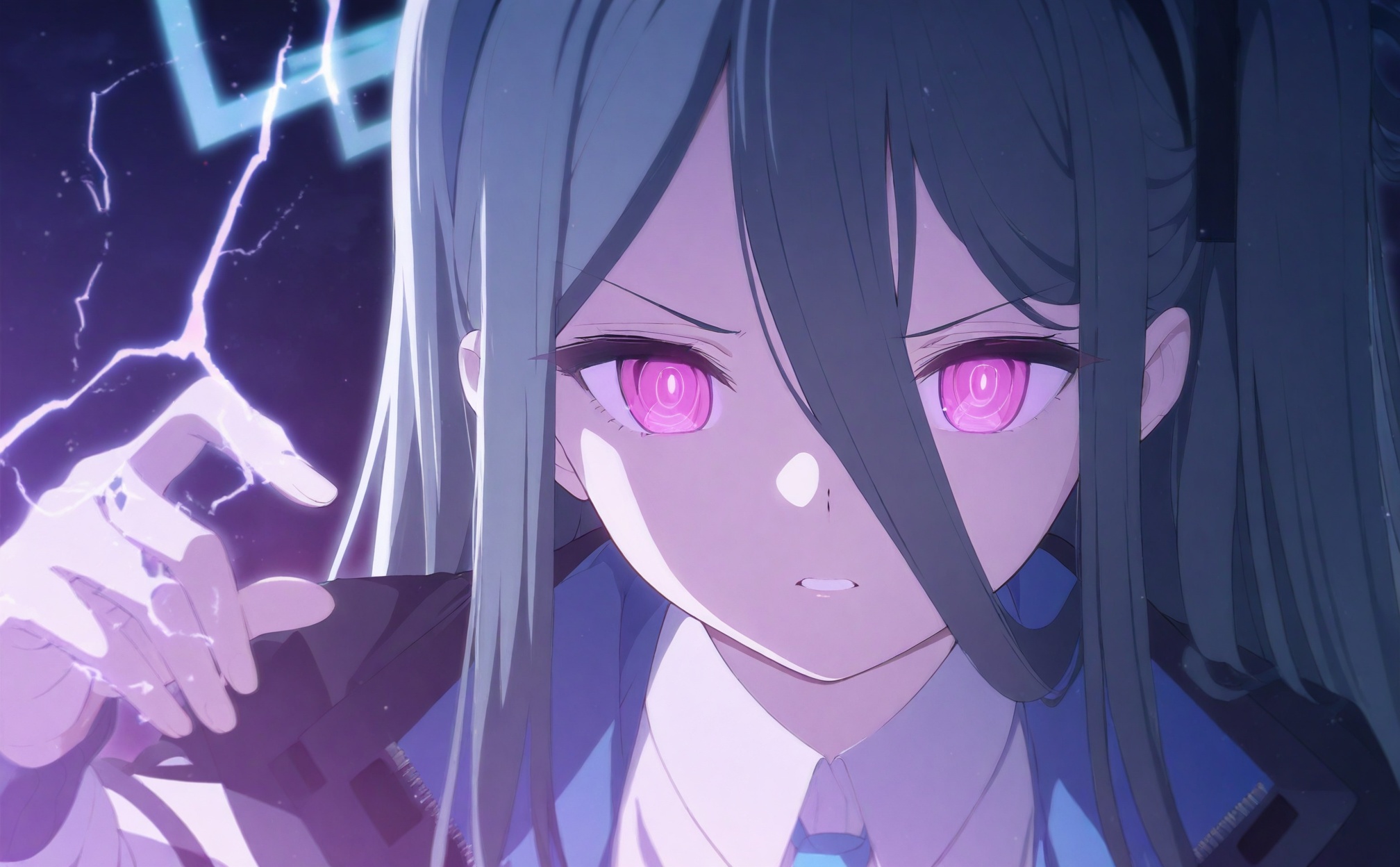 masterpiece,best quality,high quality,loli,1girl, aris (blue archive), halo, solo, shirt, necktie, long hair, black hair, white shirt, blue necktie, jacket, collared shirt, red eyes, hair between eyes, ringed eyes, glowing, black hairband, looking at viewer, glowing eyes, long sleeves, portrait, pink eyes, hairband, parted lips, one side up, electricity, school uniform, bright pupils, white pupils, very long hair,<lora:BA3——【Illustrious】hans:0.88>,