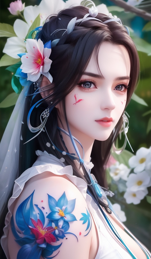 (,1girl, ,best quality, ),looking at viewer, <lora:381-DA-武动乾坤-绫清竹-新模:0.8> ,,ultra detailed background,ultra detailed background,ultra realistic 8k cg,, ,masterpiece, (( , )),ultra realistic 8k cgSurrounded by strange, movie perspective, advertising style, Colorful background, splash of color A beautiful woman with delicate facial features,tattoo all over body, flower arms,