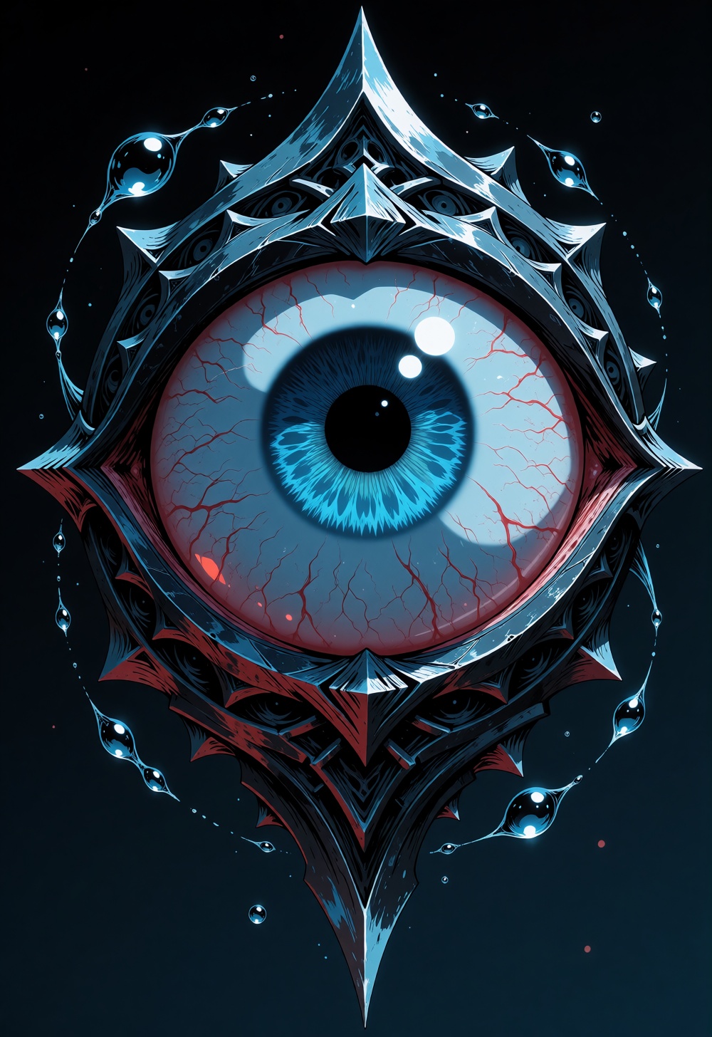 noir washed-out print,  A surreal assassin takes the form of a floating fractal eyeball. Layered geometric blue iris struc...