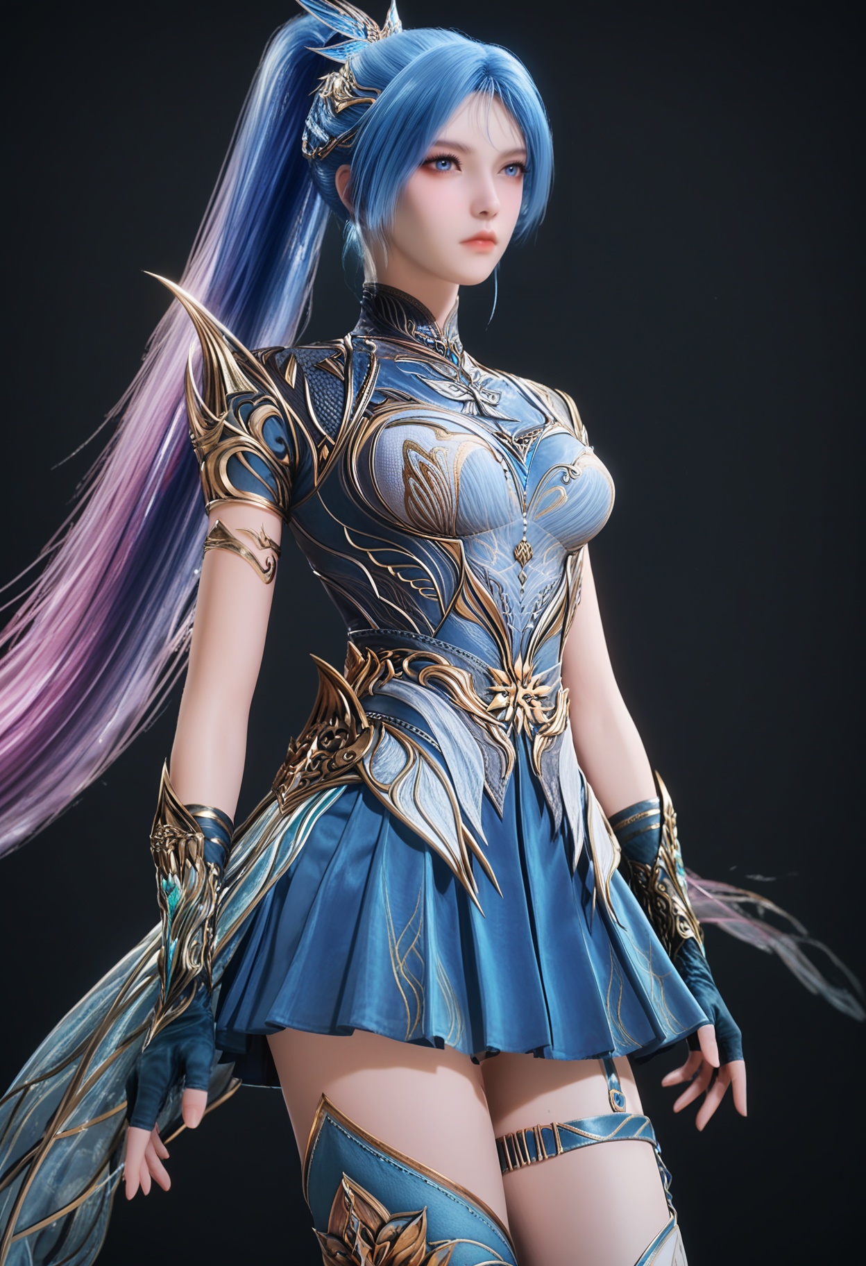 (upper_body:1.2),(score_9:1.2),(score_8_up:1.2),(top quality, 8k wallpaper:1.1),(masterpiece:1.1),(best quality:1.2),(intricate details),8k,1girl,facing viewer,(looking at viewer:1.1),<lora:YQ_pony_tangwutong_zhandoufu_V6:0.95:lbw=1,1,1,1,1,1,1,1,1,0.8,0.8,0.1>,q1528437228,1girl,solo,blue hair,long hair,ponytail,hair ornament,blue eyes,armor,blue dress,thighhighs,multicolored hair,skirt,shoulder armor,blue high heels,dress,asymmetrical white thighhighs,gradient hair,single thigh strap,short sleeves,braid,pleated skirt,blue skirt,BREAK(score_9:1.2),(score_8_up:1.2),masterpiece,best quality,very aesthetic,perfect anatomy,(hourglass),perfect face,(simple background,pure black background,black background:1.1),fair_skin,(shiny_skin:1.1),Ivory_skin,