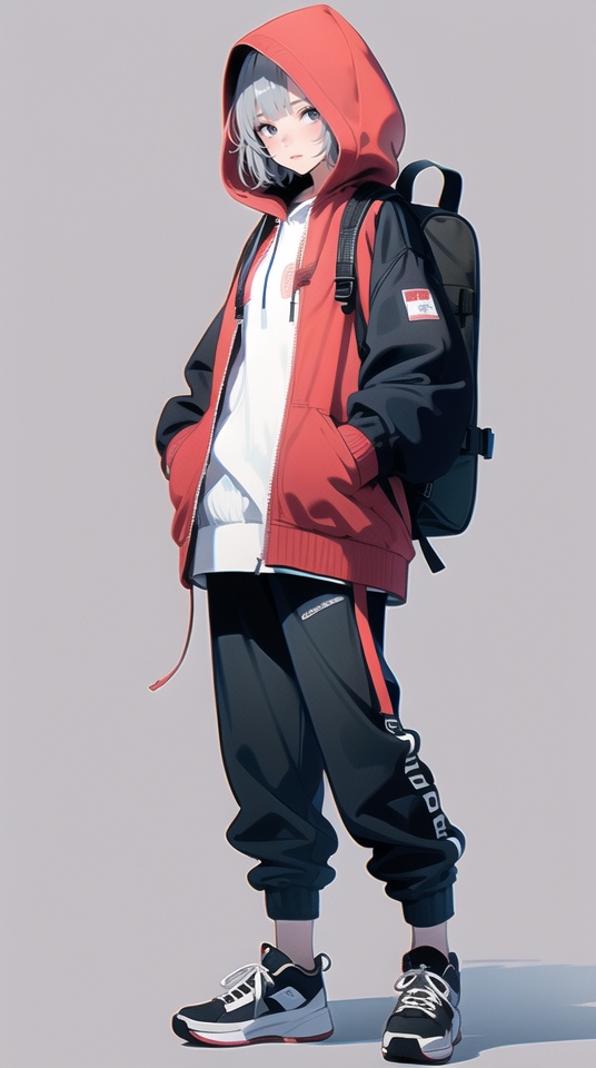 (best quality), ((masterpiece)), (highres), illustration, original, extremely detailed,ooo, 1girl, hood, solo, bag, backpack, hands in pockets, hood up, white background, simple background, full body, standing, looking at viewer, grey hair, closed mouth, jacket, hoodie, black bag, short hair, grey eyes, shoes